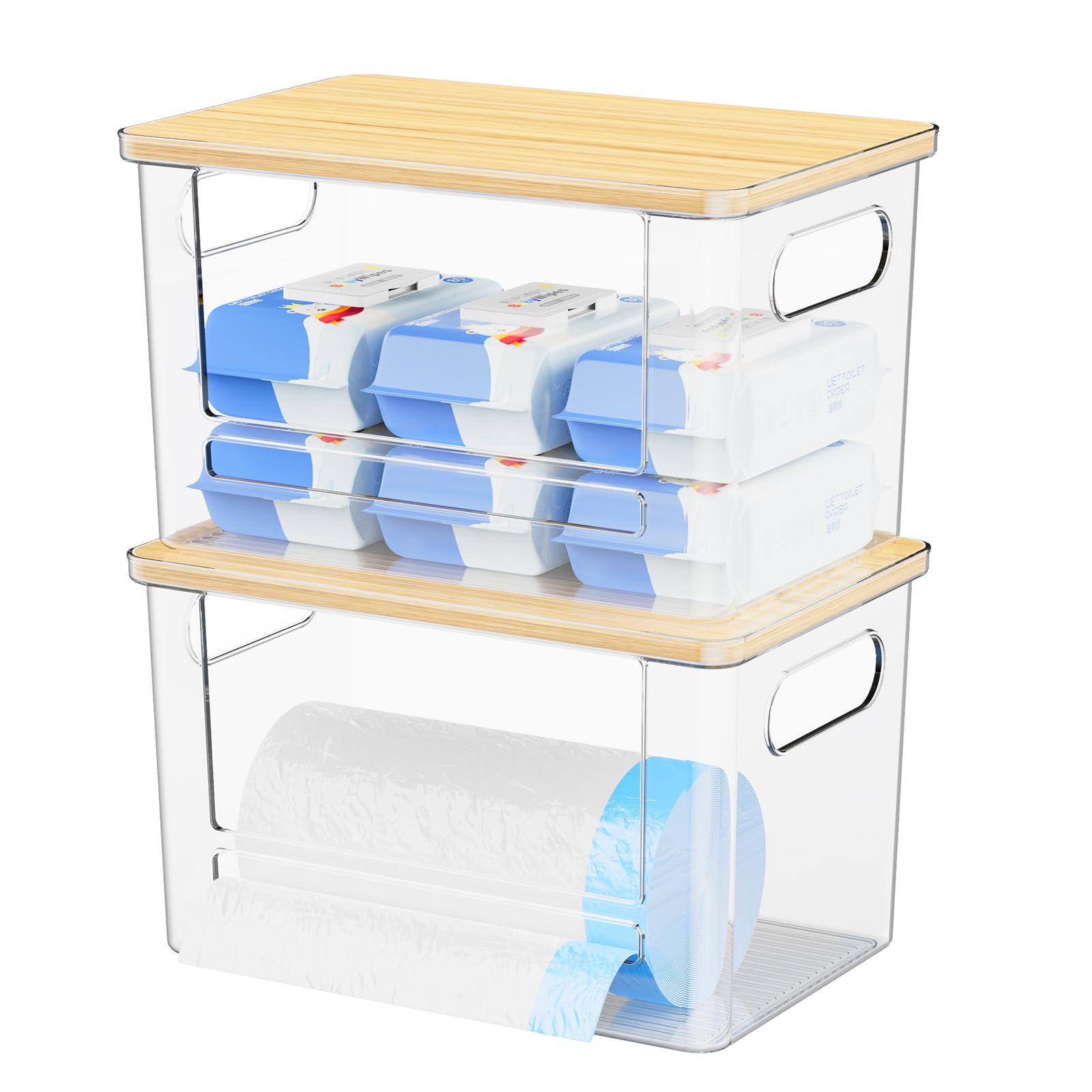 Riian Dispensador de bolsas de basura, soporte para bolsas de basura, soporte apilable para bolsas de basura con parte superior de bambú, contenedor de almacenamiento acrílico para debajo del