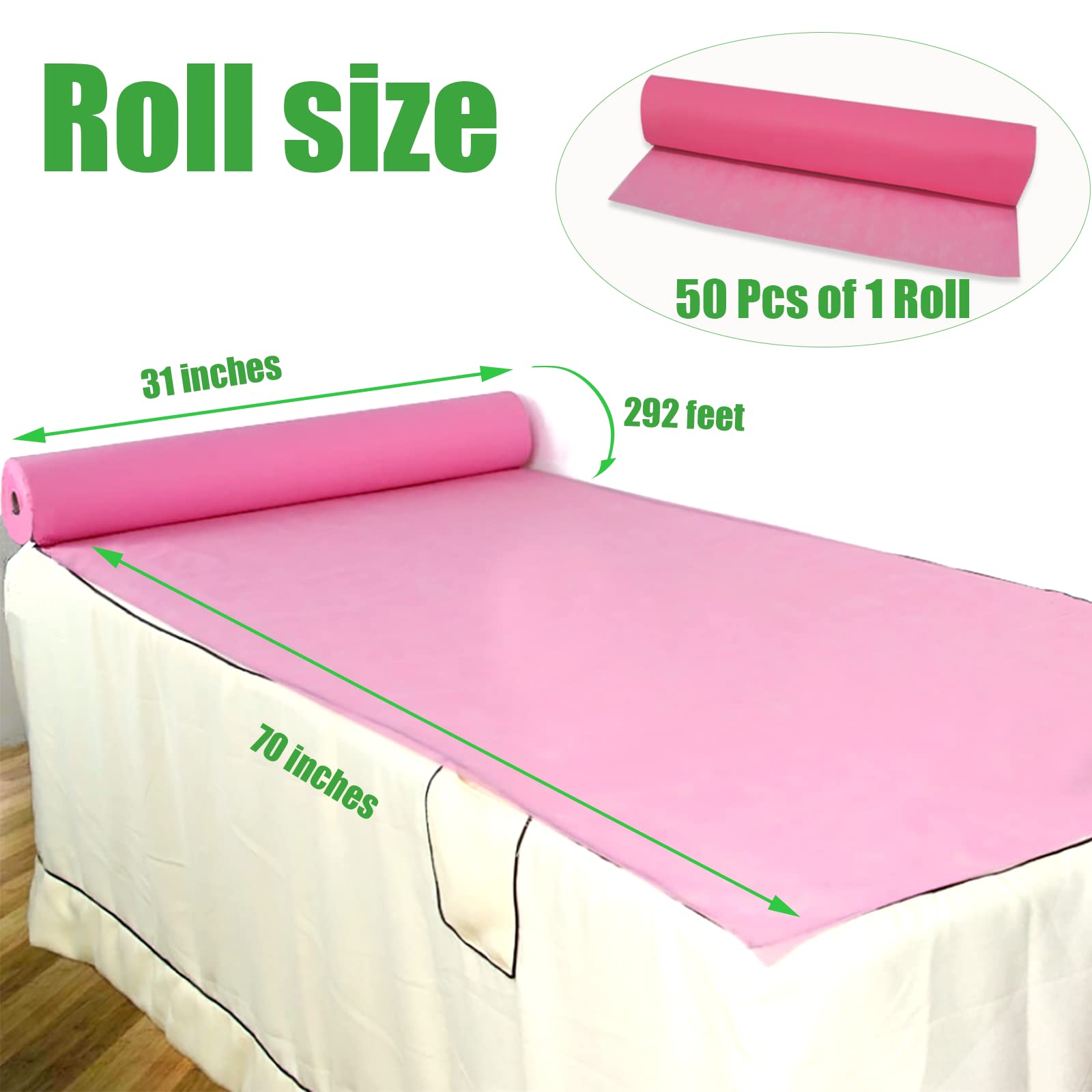 Sábana desechable no tejida de 31 x 70 pulgadas, 50 piezas de 1 rollo de funda de cama de spa, rollo de papel de mesa de masaje para mesas de masaje, spa, tatuajes y exámenes (rosa)