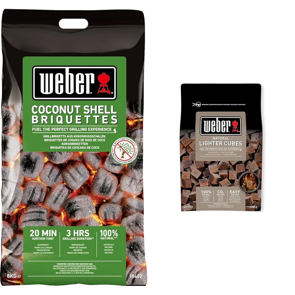 Weber Coconut Shell Briquettes 8kg, Black & 17612 - Cubetti accendifuoco 48 pastiglie sul Marrone