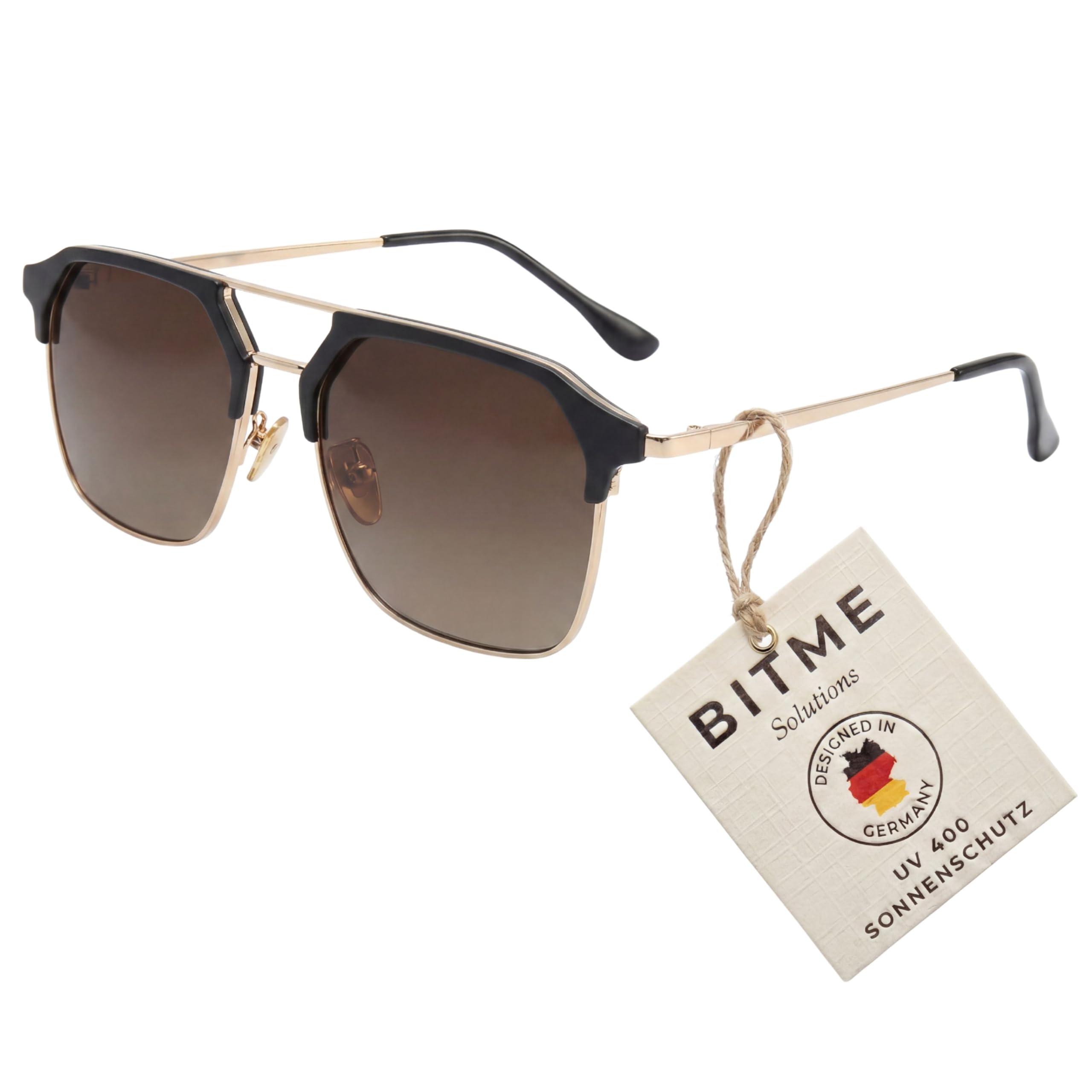 BitME Solutions Retro Sonnenbrille Unisex – Vintage Doppelsteg Navigator Design mit UV400 Schutz – Eckige Sonnenbrille für Damen & Herren inkl. Etui Schwarz