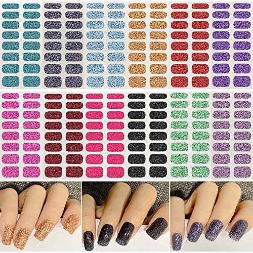 12 Sheets Glitter Nail Wraps Nail Polish Strips Solid Color Nail Polish Stickers Shine Full Nail Wrap Decal Nail Art Stickers Self Adhesive Sticker Nails Polish Decals for Women Girls Manicure Tips