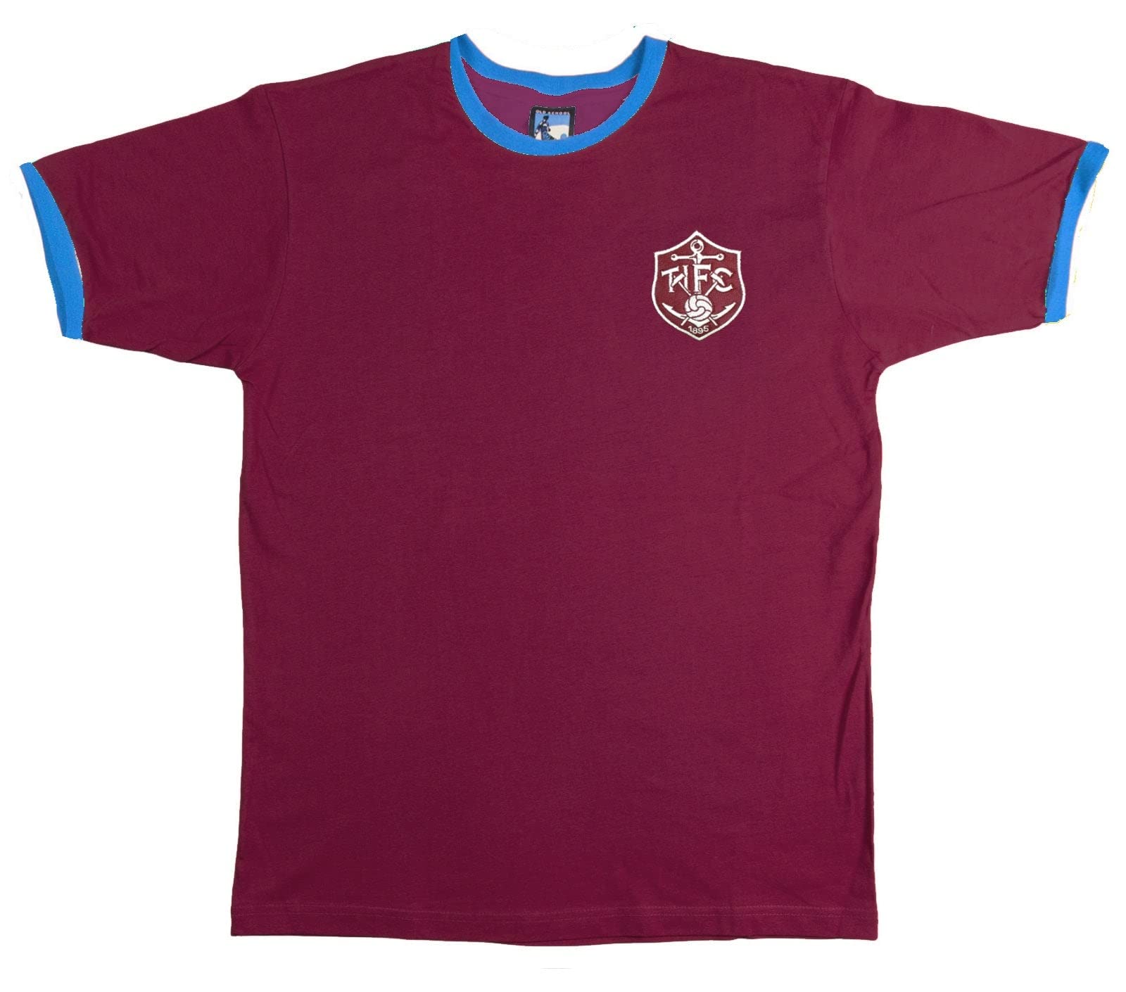 Thames Ironworks 1895 Retro Football T Shirt Embroidered Logo, Maroon/Sky