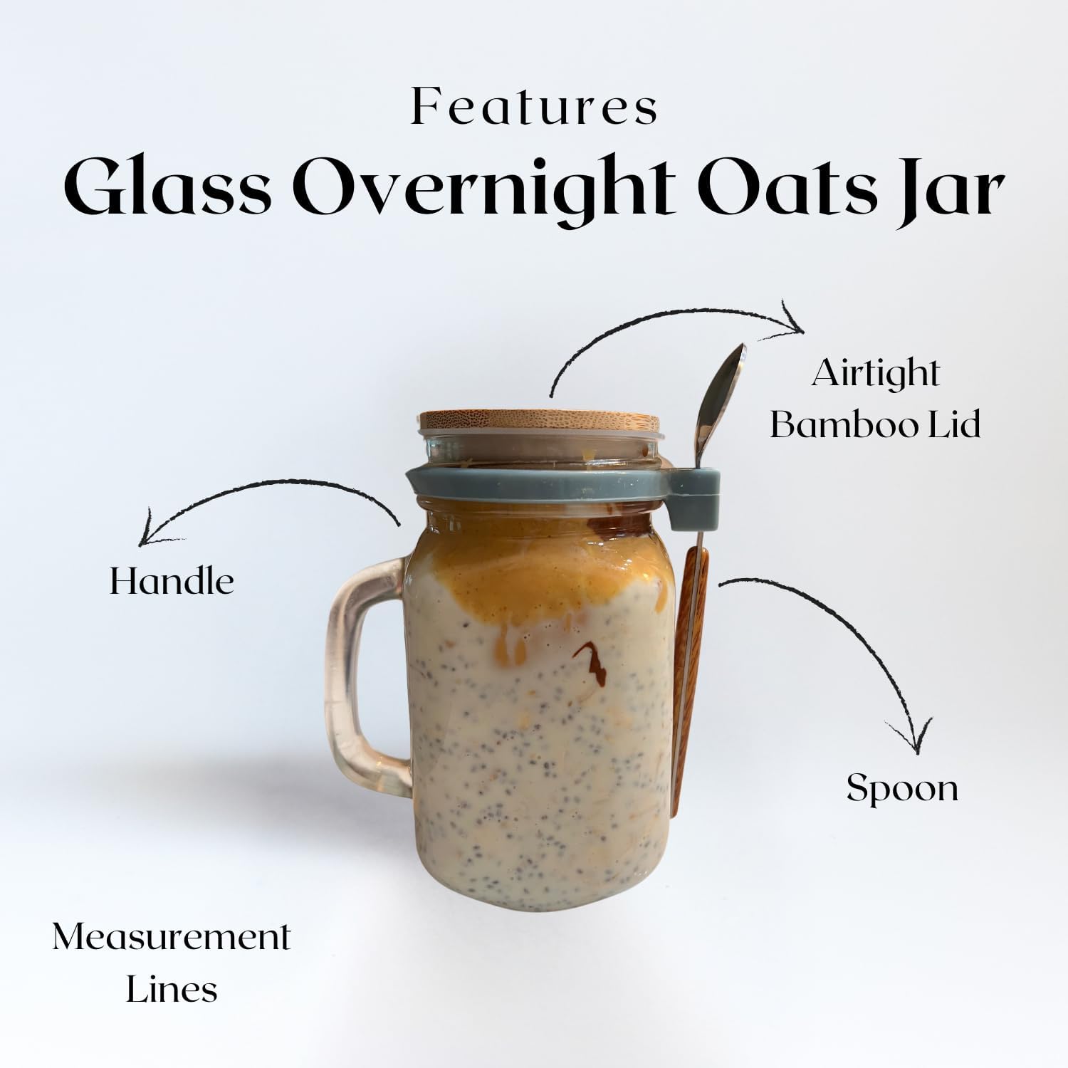 Kaya Commodities Modern Minimalist Overnight Oats Jars (2 Pack, 16 oz, BPA Free, Glass & Bamboo, Leakproof, Microwave & Freezer Safe) - Image 2