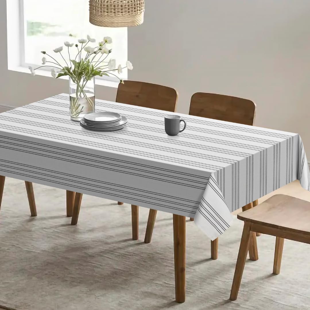 Comfy-coWhite Tablecloth with Black Ribs 55x120 inches Rectangle 100% Cotton - Rustic Heavy Duty Dining Table Cover - Ideal for Dinner Party Wedding Christmas Holidays Everyday Use Tablecloth