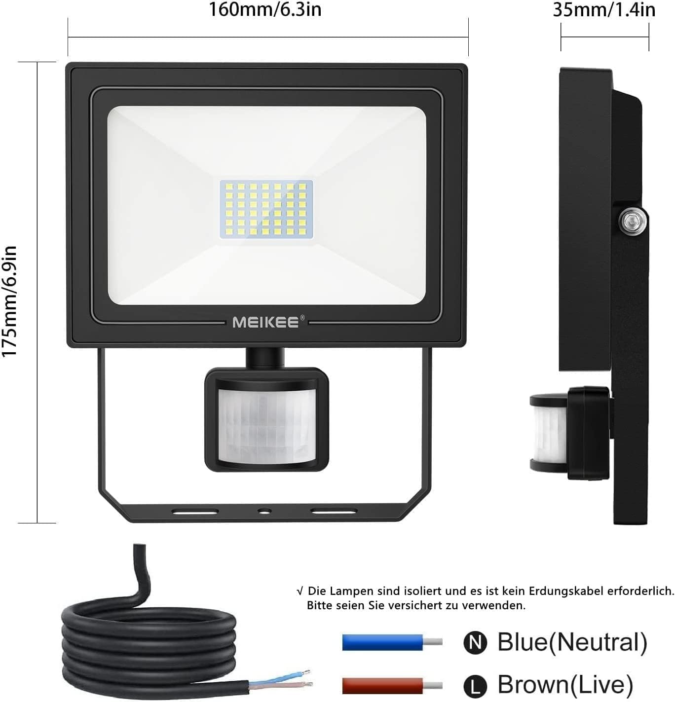 Dijagramma li turi d-dimensjonijiet tal-prodott u l-konnessjonijiet tal-wajers: Blu għan-Newtrali, Kannella għal-Live.