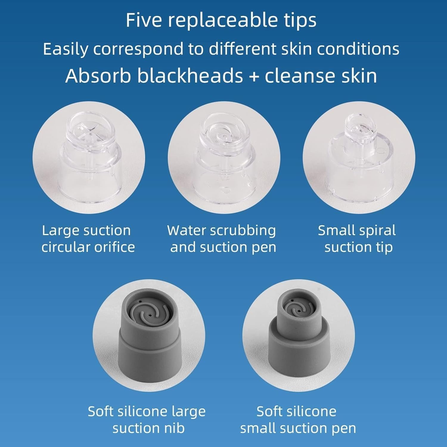 Five different replaceable tips for the blackhead remover: Large suction circular orifice, Water scrubbing and suction pen, Small spiral suction tip, Soft silicone large suction nib, Soft silicone small suction pen.