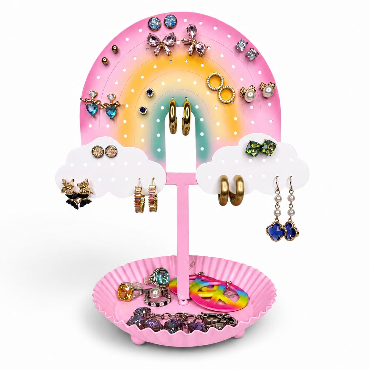 Top Brass Rainbow Earring Holder, Metal Jewelry Organizer Stand | Holds 51 pairs with ring tray for studs, hoops, dangles, necklaces, bracelets,