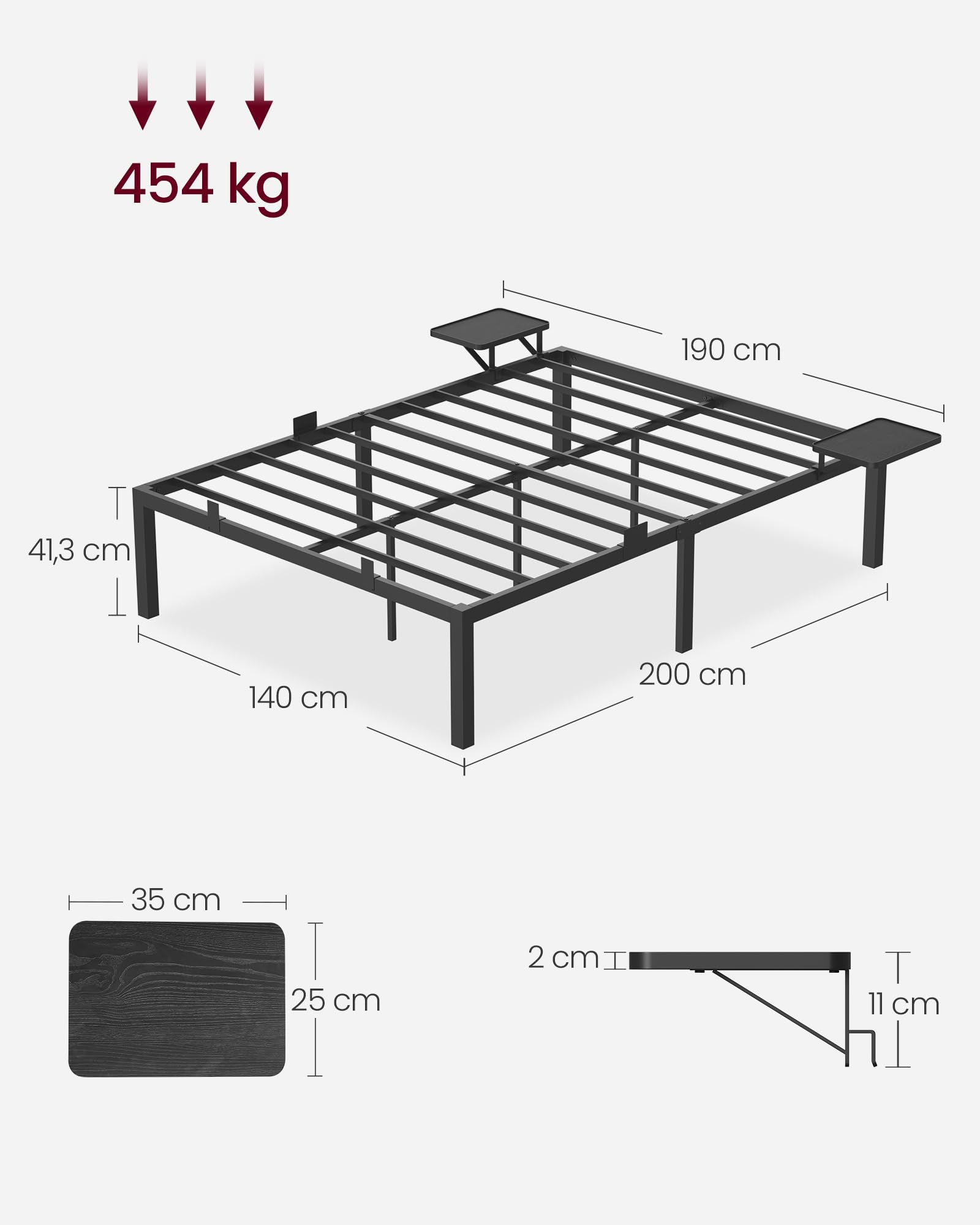 VASAGLE Rama łóżka 140 x 200 z metalowym stelażem, podwójne łóżko metalowe z półkami do przechowywania, łatwy montaż, tusz czarny RMB094B01V1