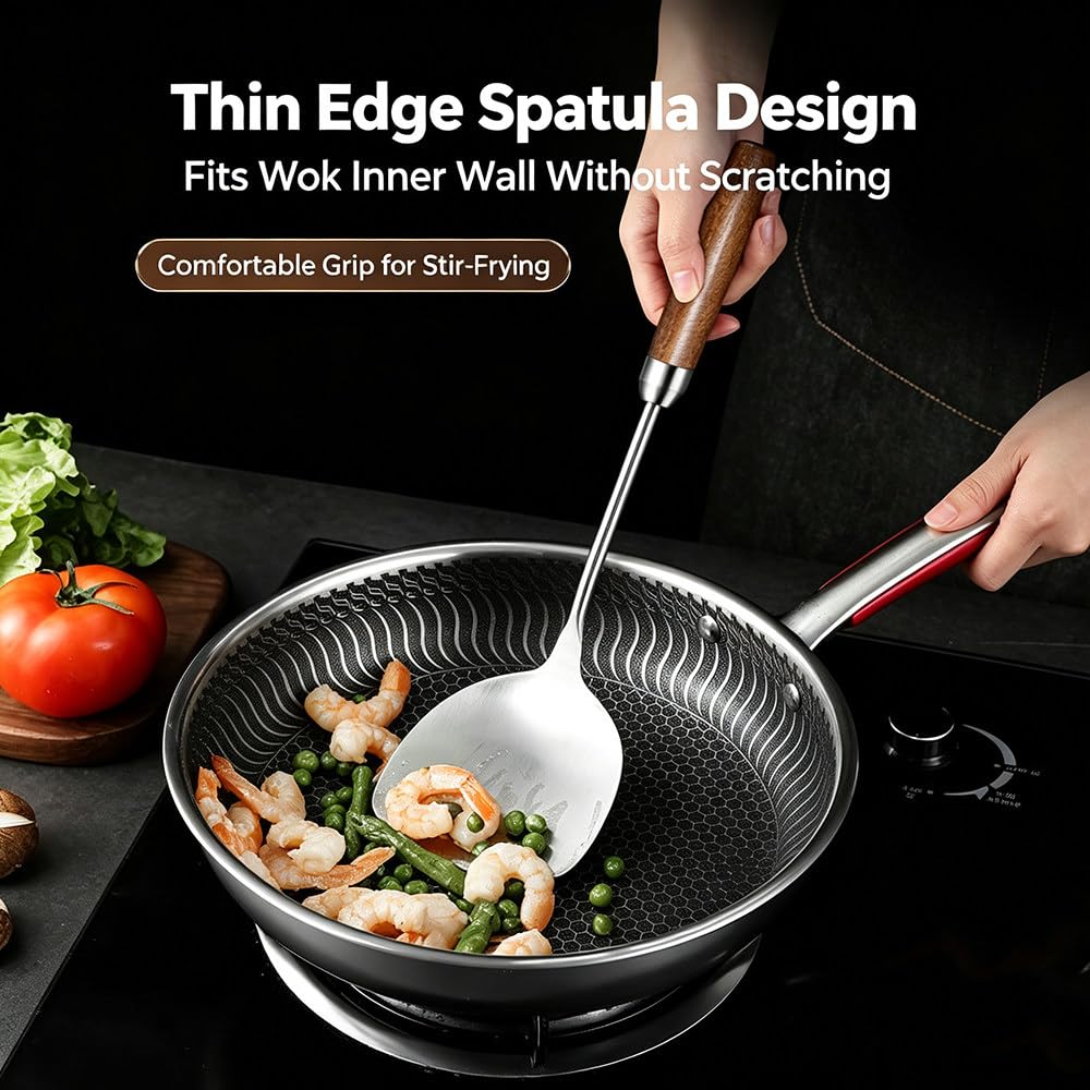 Set di 6 Utensili da Cucina in Acciaio Inox 304 con Supporto Girevole E Manici in Legno Massello Termoisolanti (Spatole, Mestoli, ECC.) per La Cucina di Casa