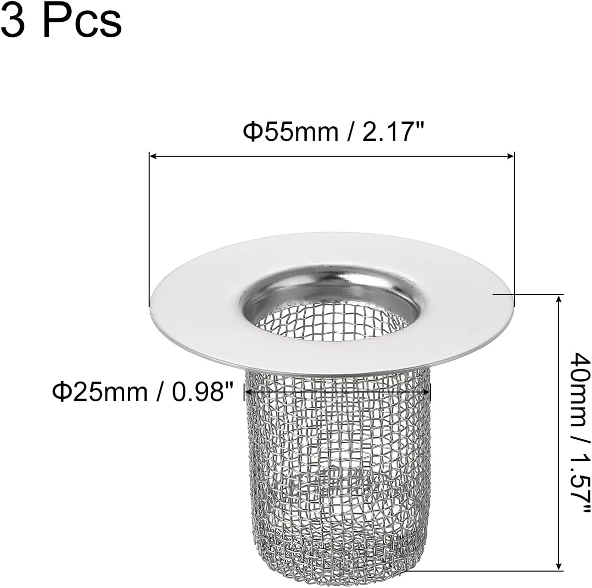 uxcell 3Pcs Bathroom Sink Strainer, Fit for Diameter 0.98"-2" Drain Hole, 40mm/1.57" Deep Stainless Steel Sink Strainer for Shower Drain and Floor Drain