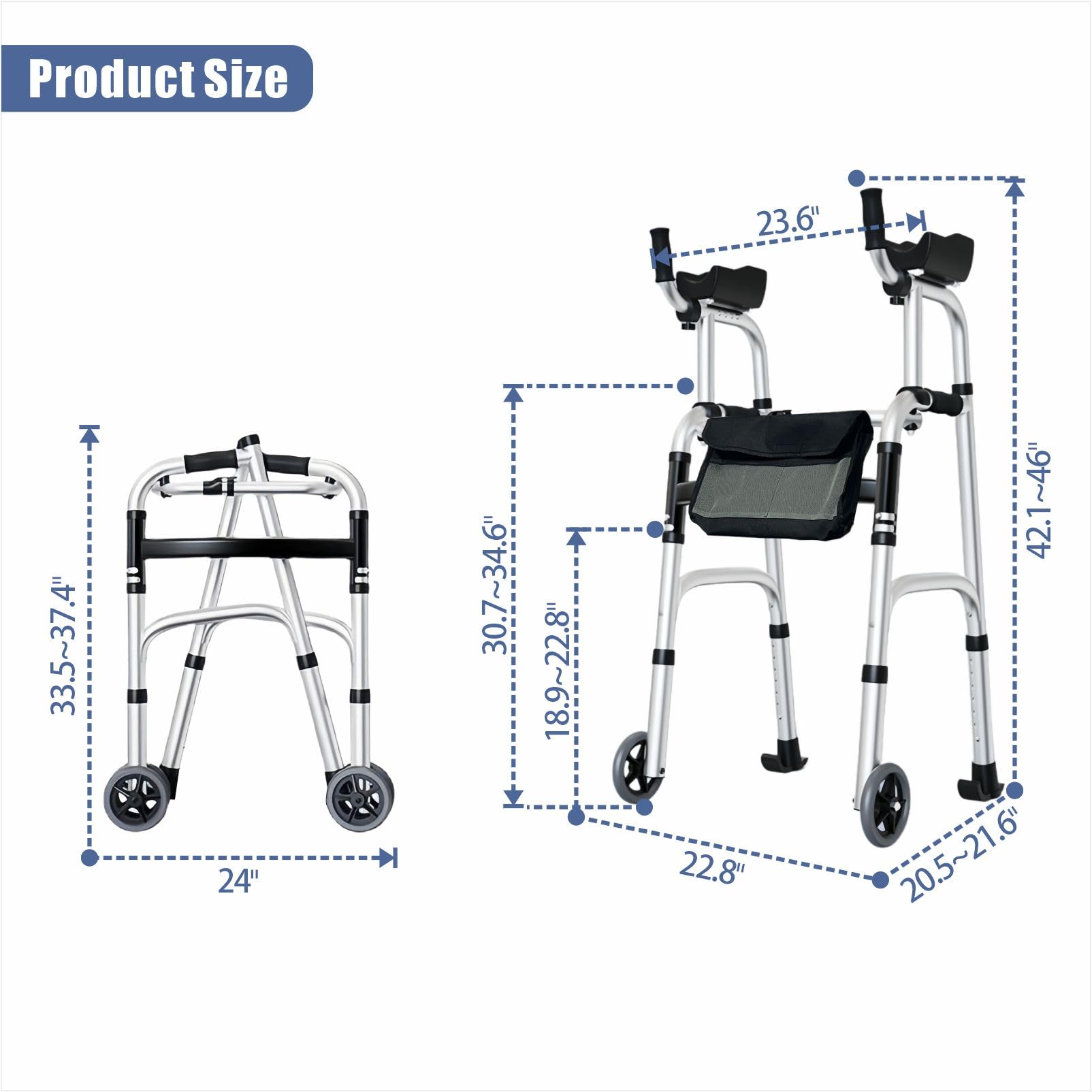 Andador plegable con almohadilla para reposabrazos, andador vertical para personas mayores, ayuda de movilidad de pie para interiores y exteriores, capacidad de peso de 300 libras, altura ajustable