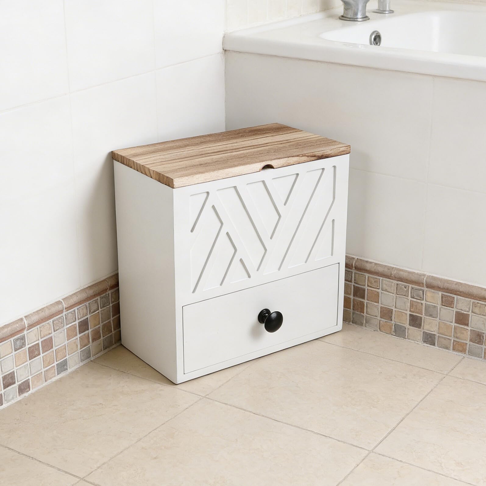 Box Porta Assorbenti in Legno Bianco a Doppio Livello con Cassetto | 9, 37x8, 78x5, 71 Pollici, Finitura Venatura Elegante, Design Essenziale per Piano Bagno