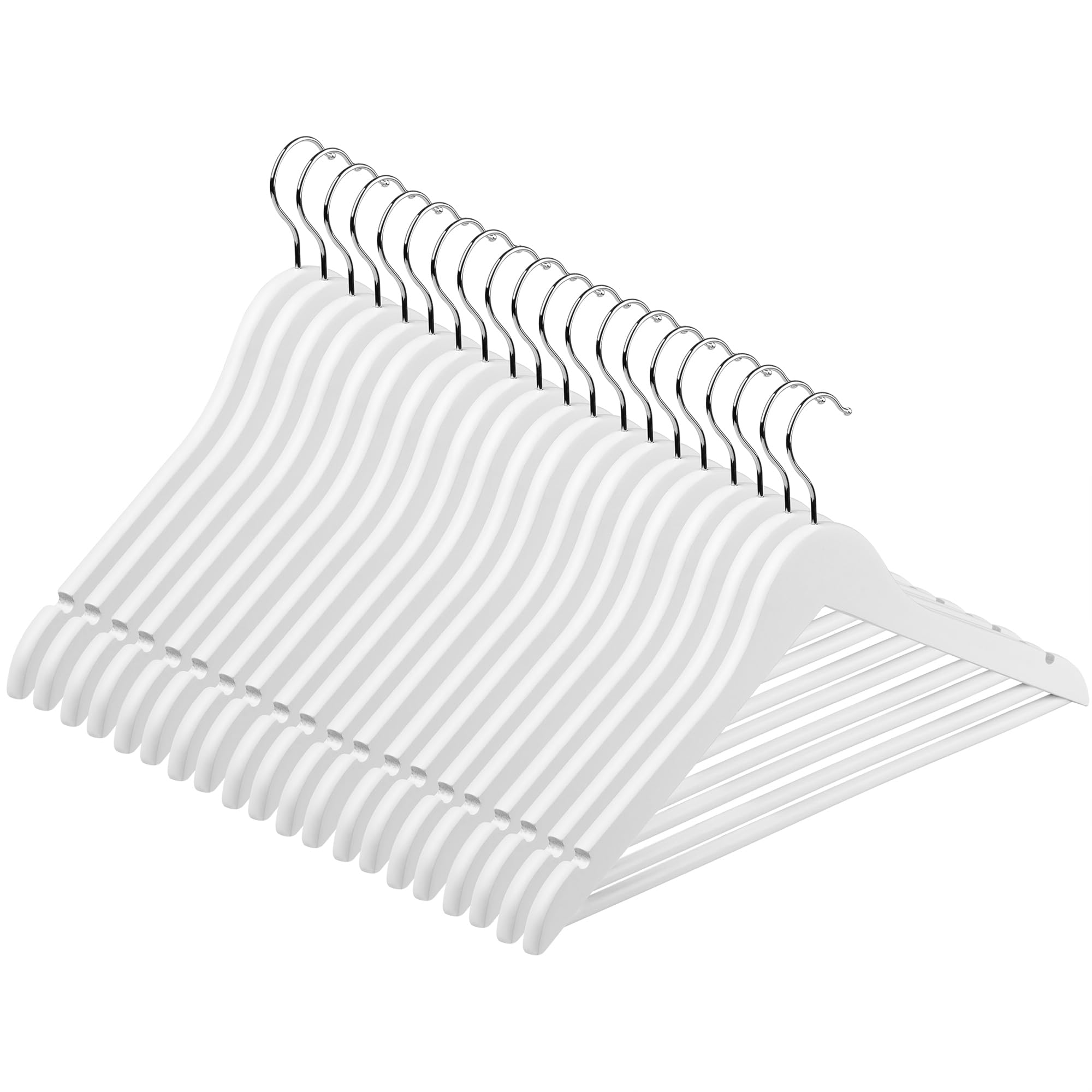 Hardys White Wooden Coat Hangers - Sloped with Notches, Trouser Bar & 360° Rotating Hook - Wardrobe Space Savers, Hangers for Clothes - For Coat, Jacket, Suit, T Shirt (20 Pack)
