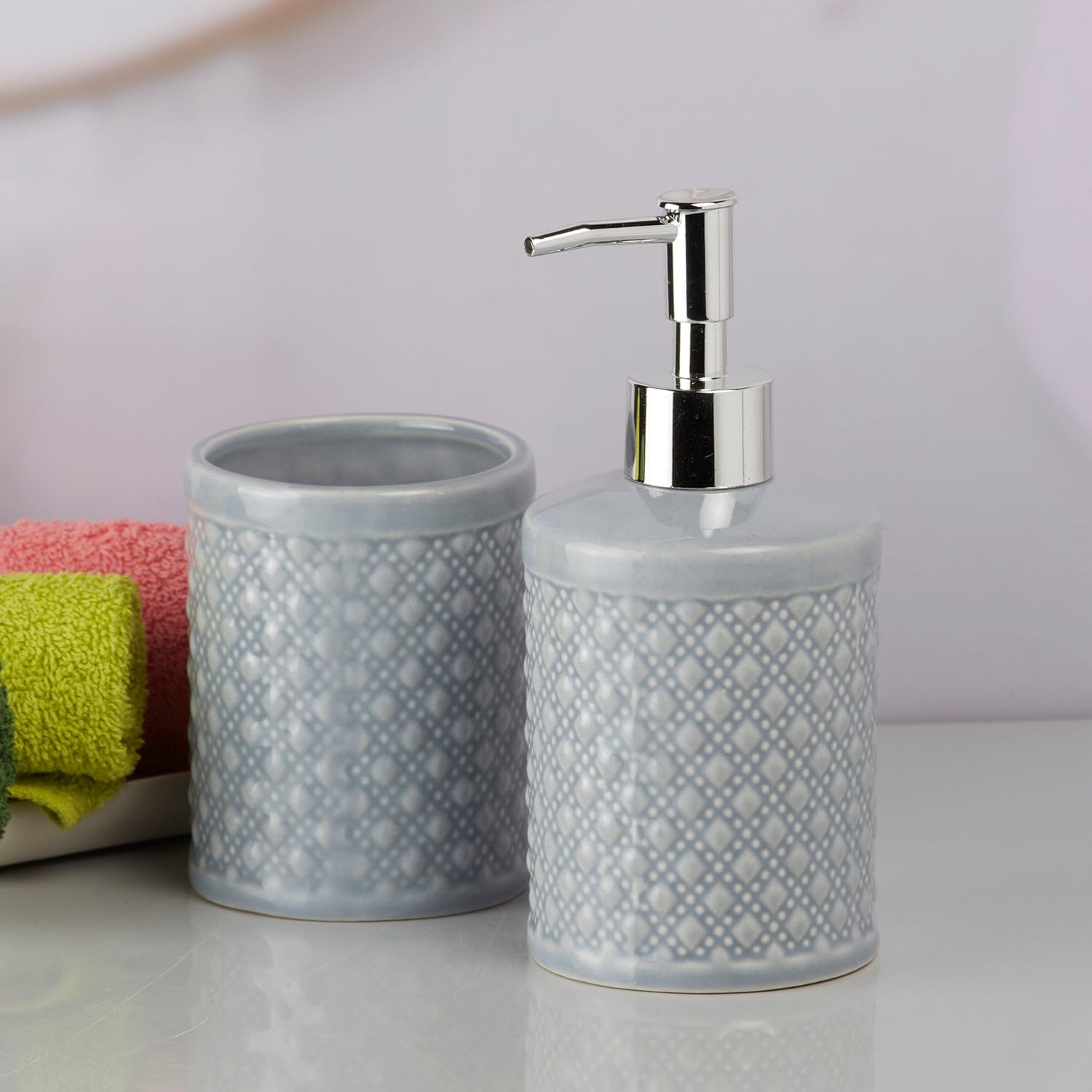 SaSaSa Ceramic Bathroom Set – Elegant Set of 2 Bath Accessory Kit with Soap Dispenser & Toothbrush Holder – Modern Bathroom Decor for Home & Guests (9605)