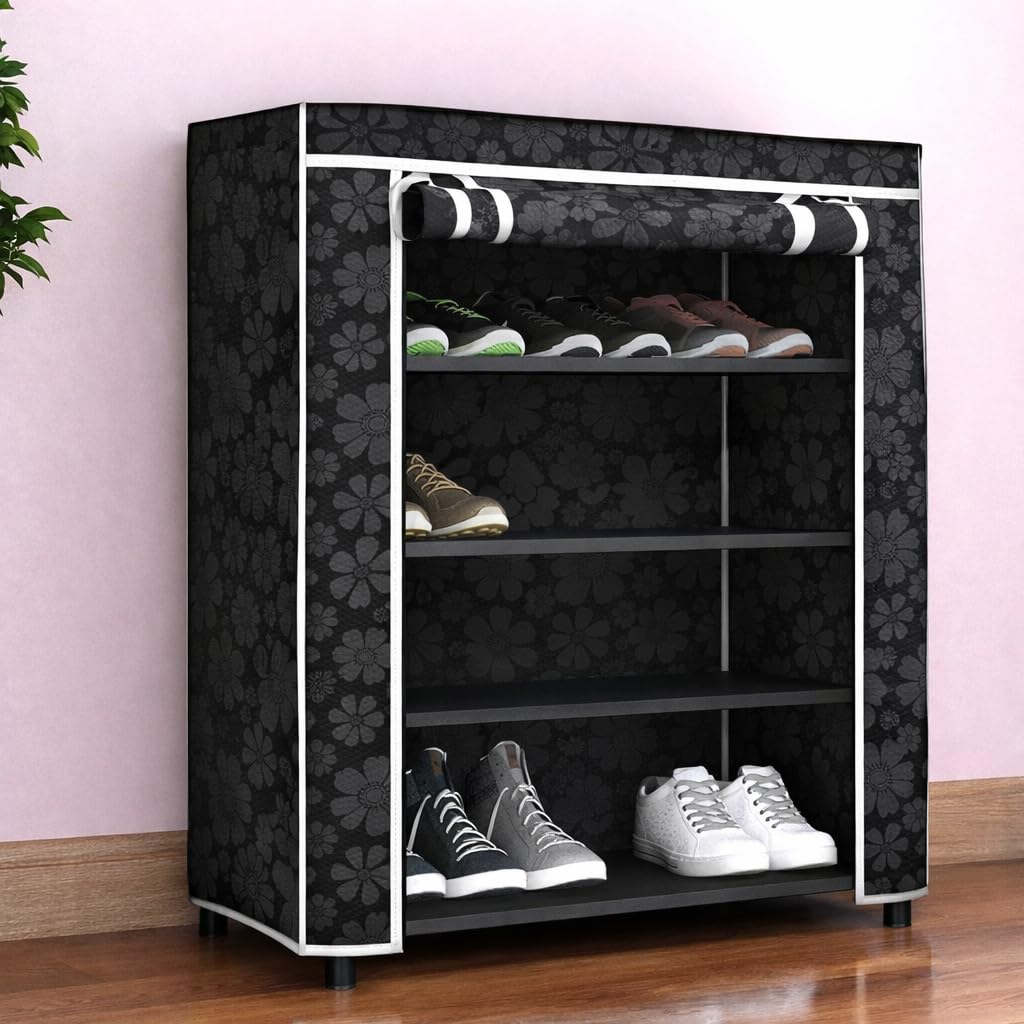 Shoe Rack, 4-Tier Storage Organiser with Dust-Proof Cover, Floral Design (Black-Flaver)-image-40