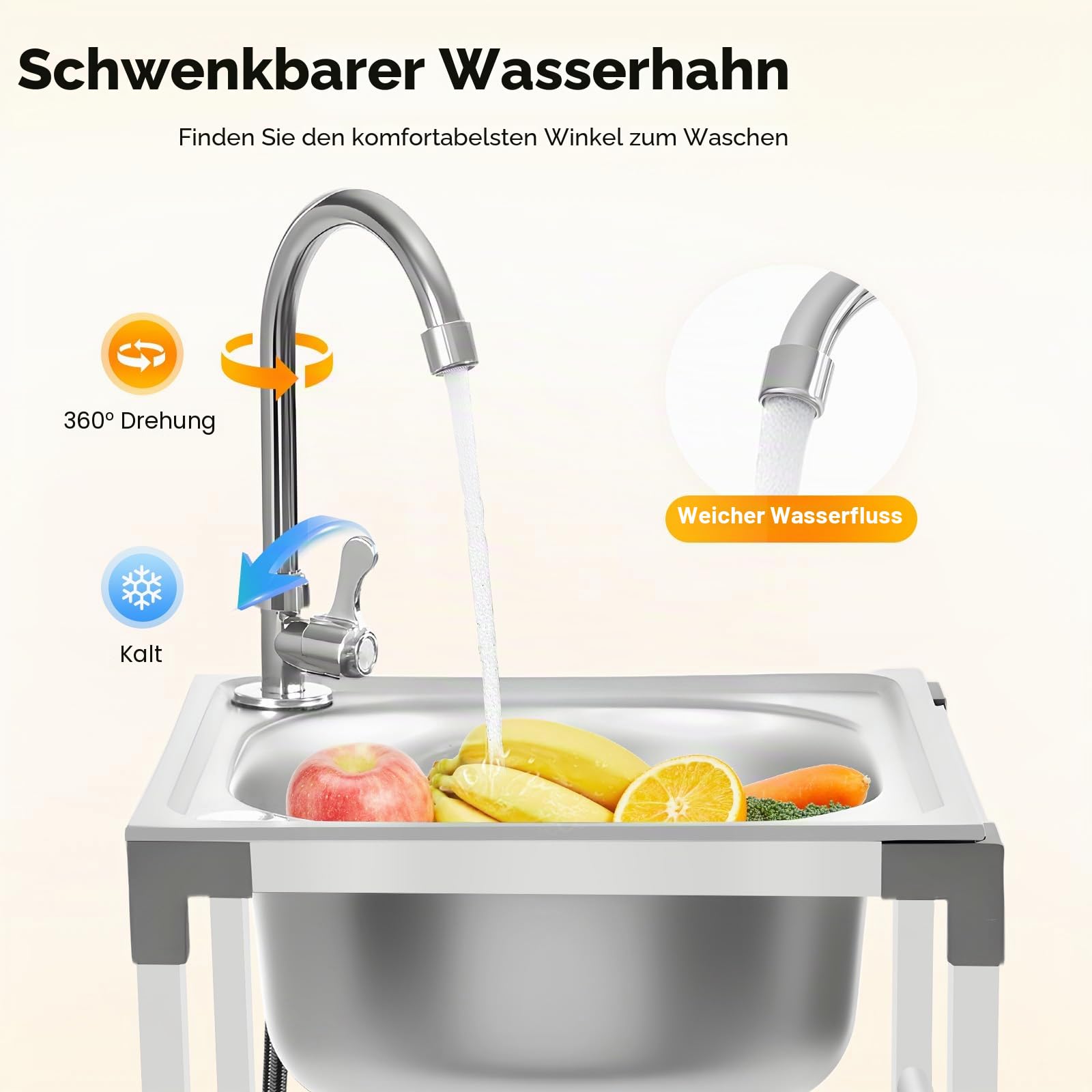 Freistehende Spülbecken,Einzelbecken-Spüle,Edelstahl-Spülbecken,Catering-Spüle mit 360 ° Drehbarer Wasserhahn,für den Innen- und Außenbereich, Garagen, Garten,38x33x83cm (38x33x83cm)