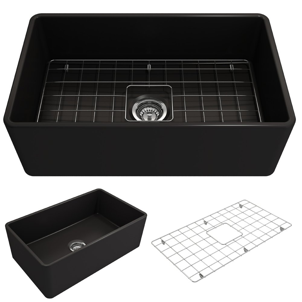 BOCCHI Classico Farmhouse Apron Front Fireclay 30 in. Single Bowl Kitchen Sink with Protective Bottom Grid and Strainer in M.Black