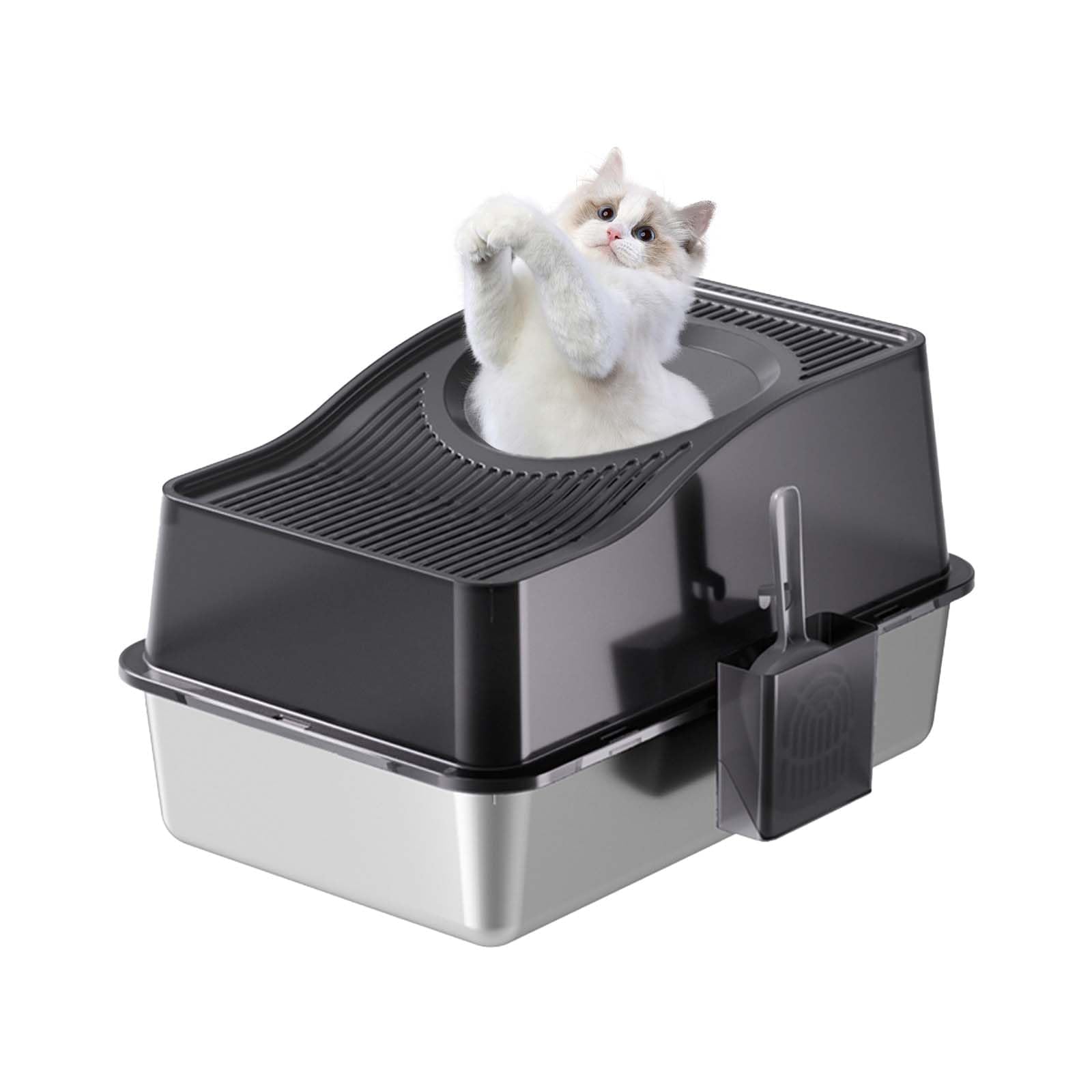Aptliton Stainless Steel Top Entry Cat Litter Tray with Litter Scoop, 60×40×40cm Large Enclosed Kitty Litter Box Anti-Splashing Odor Control Easy to Clean for Indoor Cats Kittens Big Fat Cats,Black