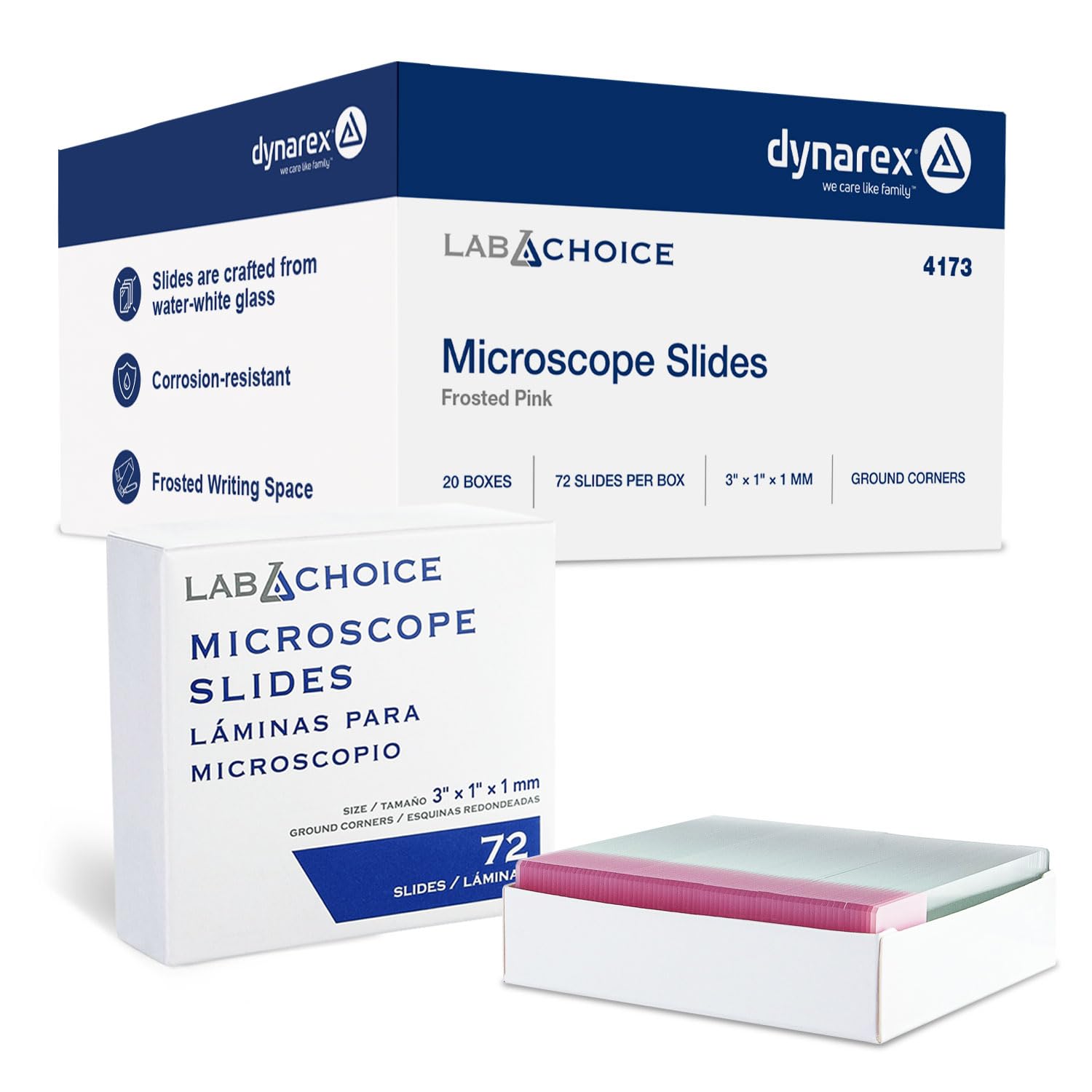 LabChoice Microscope Slides - Super Grade Green Glass Construction - Corner Grounded, 3"x 1" (25mm x 75mm x 1mm), Frosted Pink - 72 Pieces per Box, 20 Boxes, 1440 Total Slides