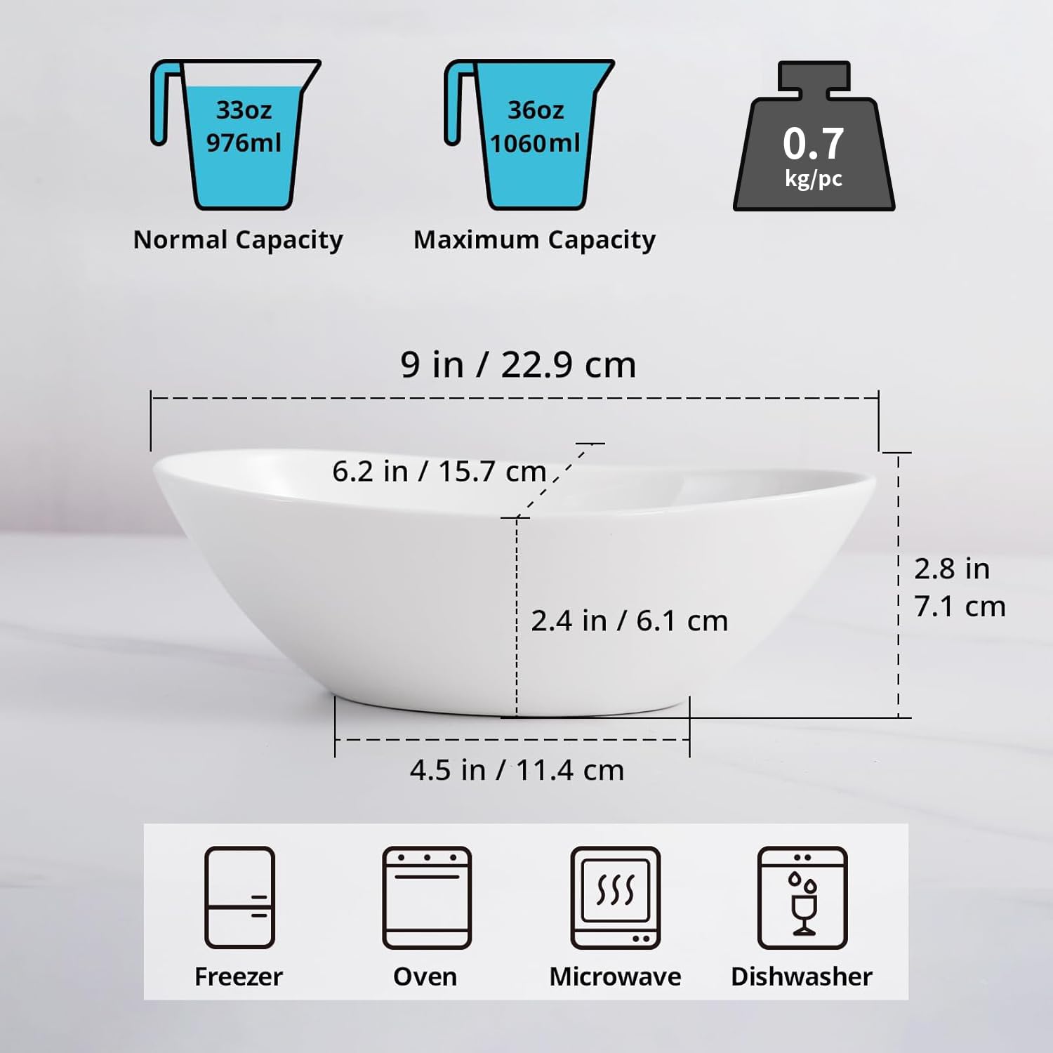 LIFVER Salatschüssel Set Porzellan 1060ml, Müslischale Groß, Suppenschale Keramik, Servierschale für Salat, Beilagen, Suppe, Dessert, 4er Set, Weiß (Packung mit 2)