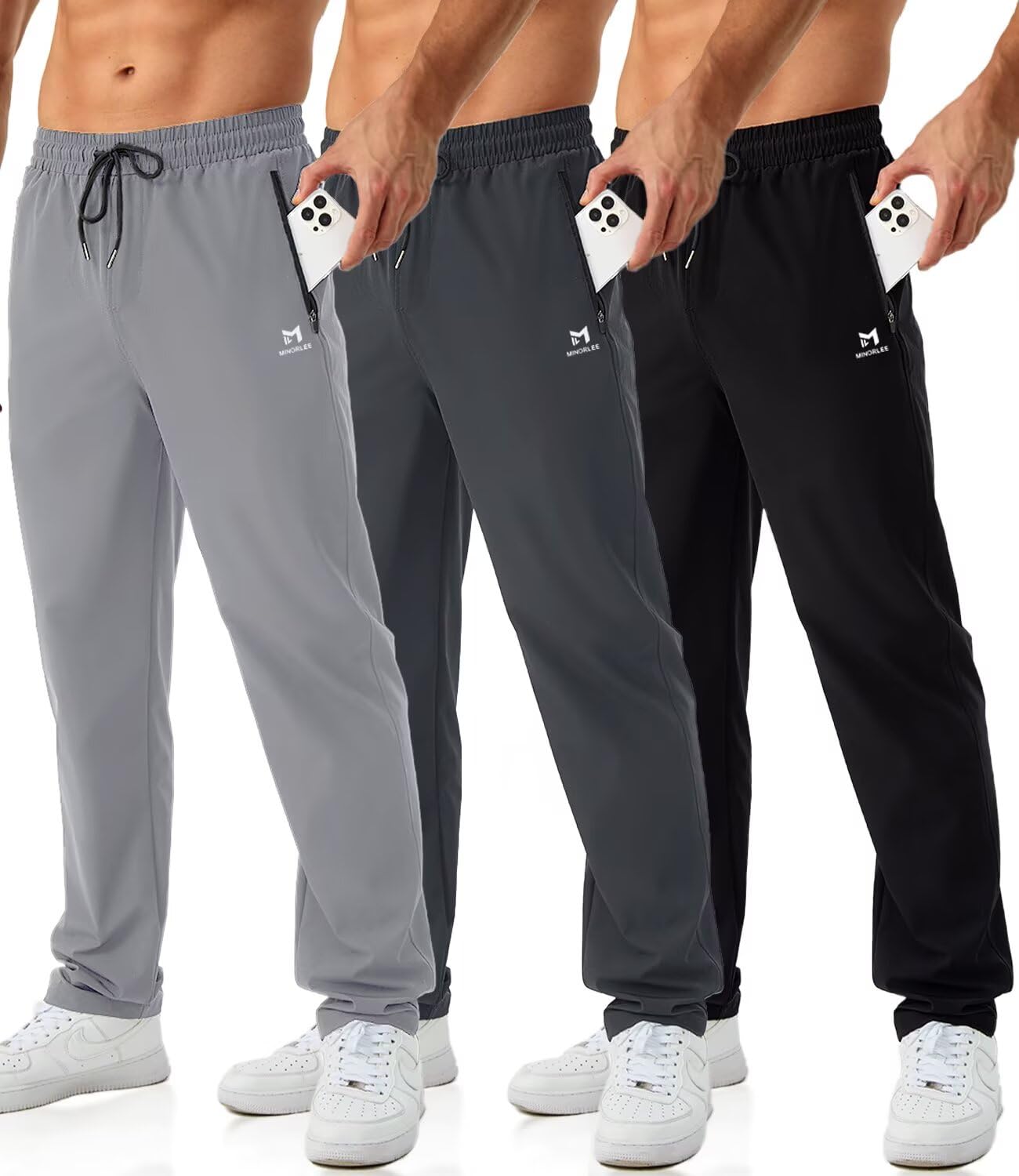 Minorlee Mens Joggers with Zipper Pockets Open Bottom Sweatpants for Men 3 Pack Lightweight Track Pants Men for Workout,Gym