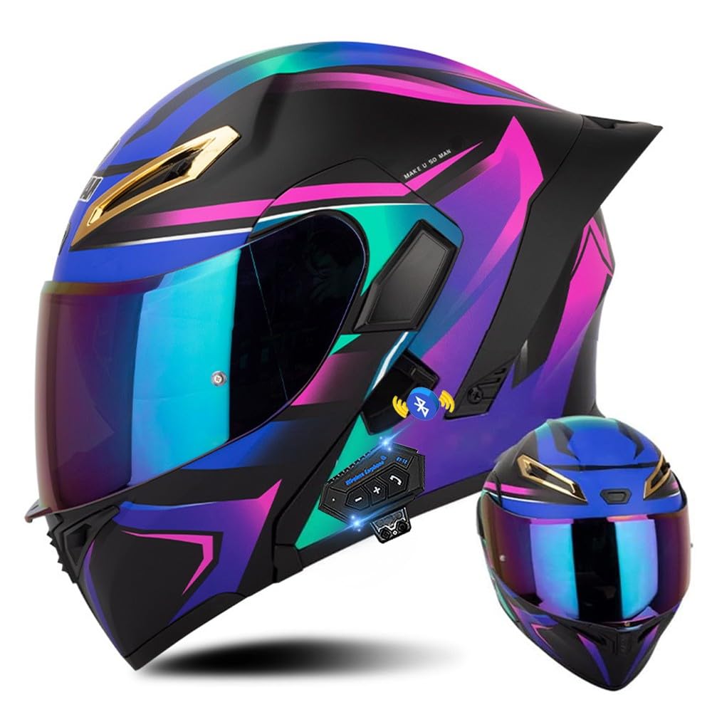 Klapphelm mit Bluetooth, Integralhelm mit Doppelvisier - ECE Zertifiziert, Lila für Erwachsene Frauen und Männer - Hohe Qualität für Roller-Mofa-Moped