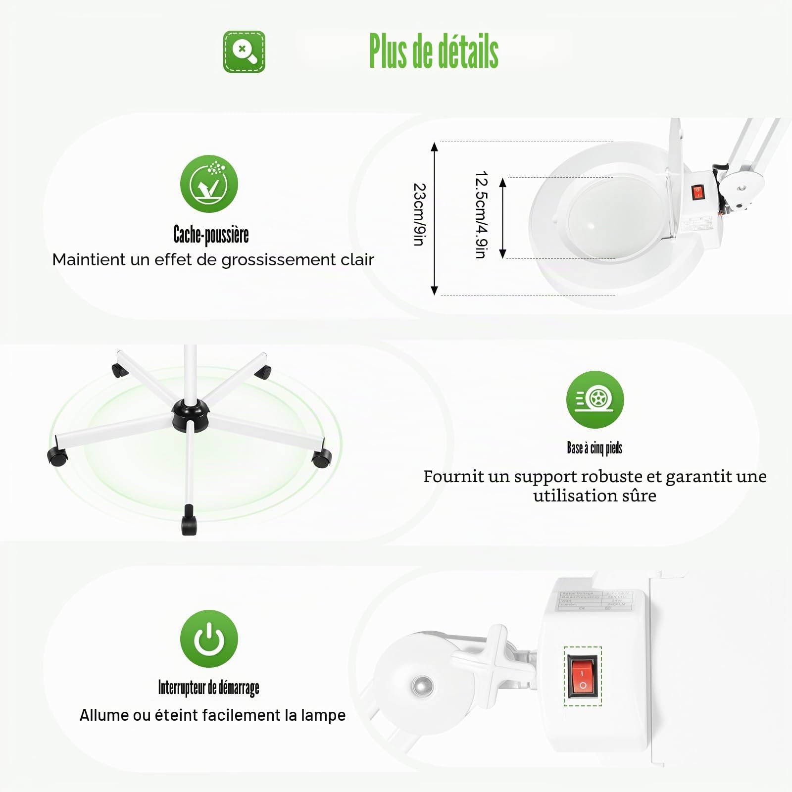 Lampe loupe LED avec grossissement 8X, 24 W, sur pied avec roulettes et bras pivotant, lampe grossissante avec 120 LED pour cosmétiques, salon de manucure, artisanat, électronique et lecture