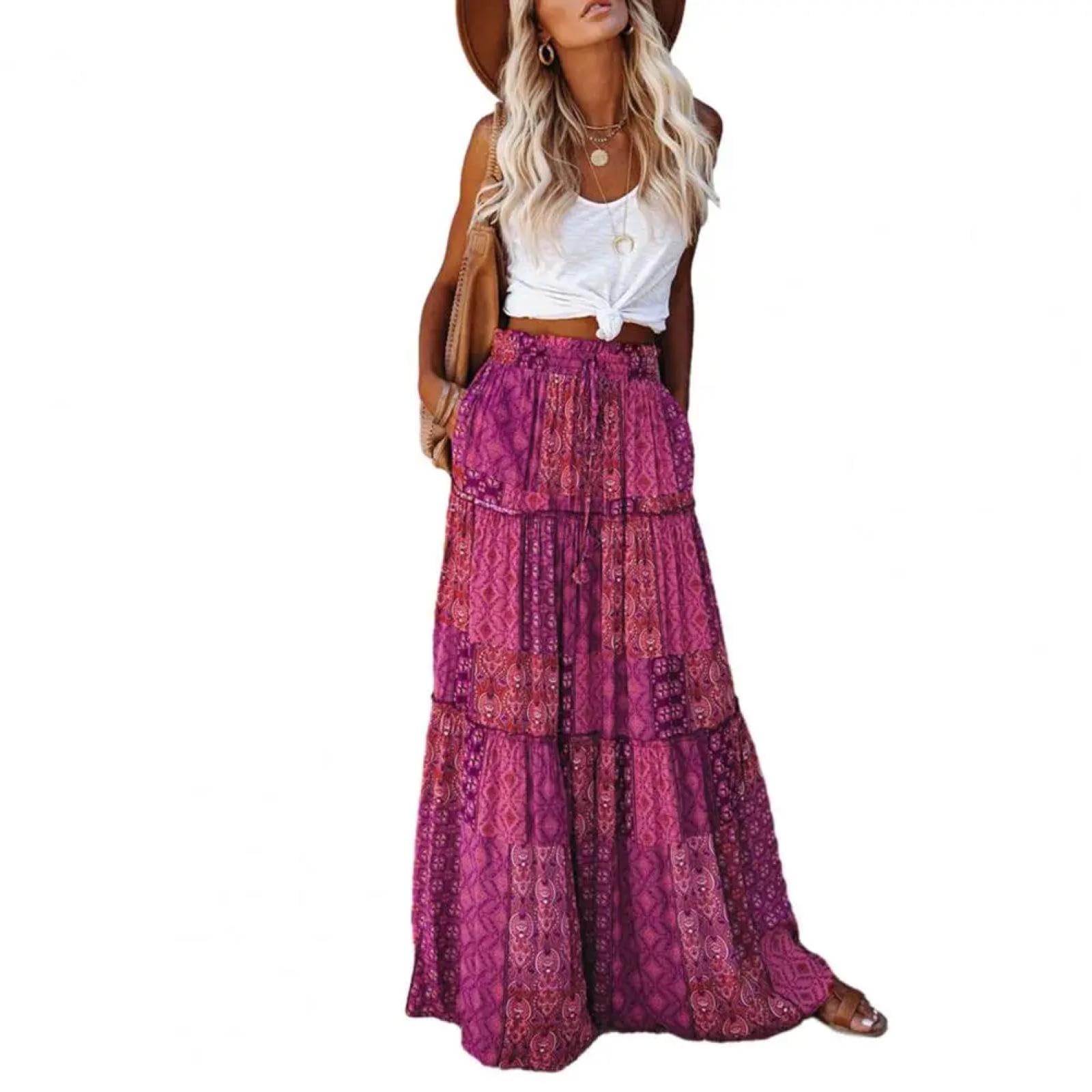 Hübscher Rock Bleistiftrock Damen Bohemian Rock Boho Ethnischer Druck Maxi Rock Elastische Taille Patchwork Detail Vintage Urlaub Rock Für Frauen