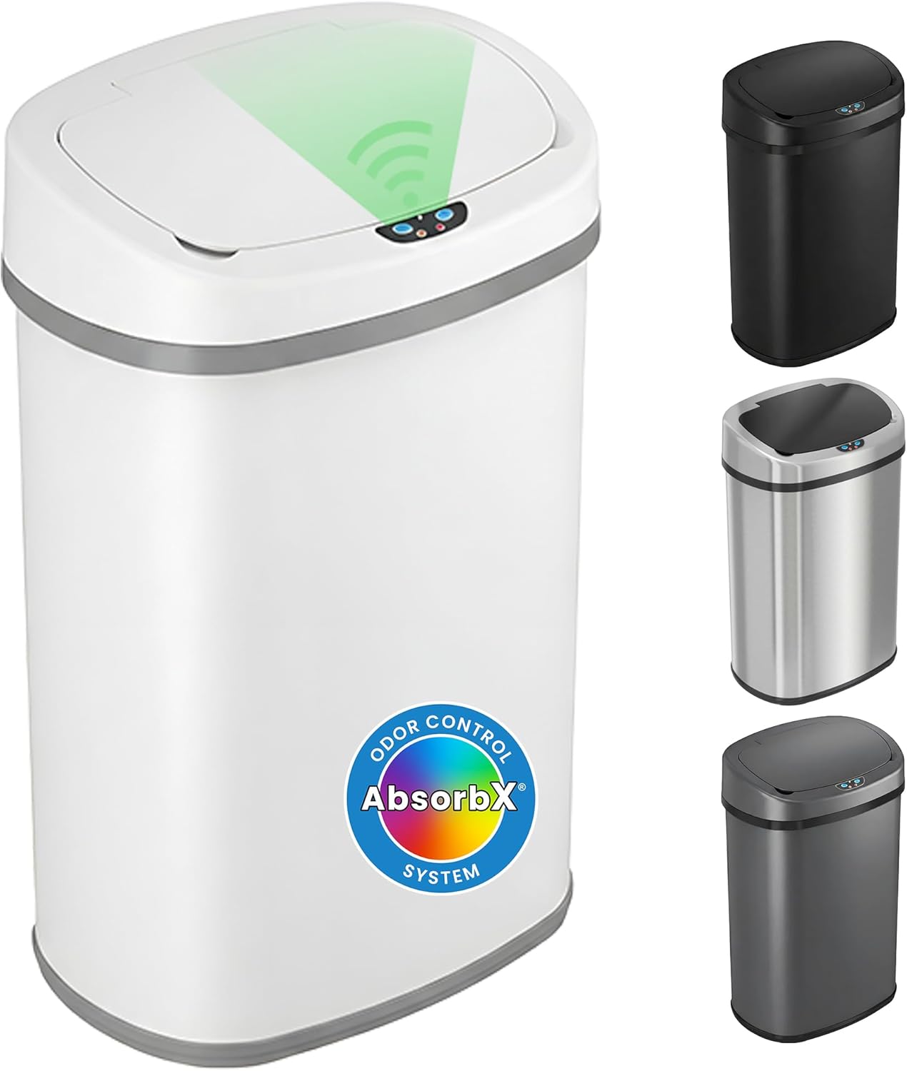 iTouchless 13 Gallon Oval Motion Sensor Garbage Container with Odor Filter, 50L Touchless Stainless Steel Kitchen Bin, Smart Automatic Lid, Fingerprint-Proof, Soft-Close, Brilliant White