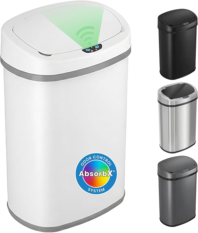 iTouchless 13 Gallon Oval Motion Sensor Garbage Container with Odor Filter, 50L Touchless Stainless Steel Kitchen Bin, Smart Automatic Lid, Fingerprint-Proof, Soft-Close, Brilliant White