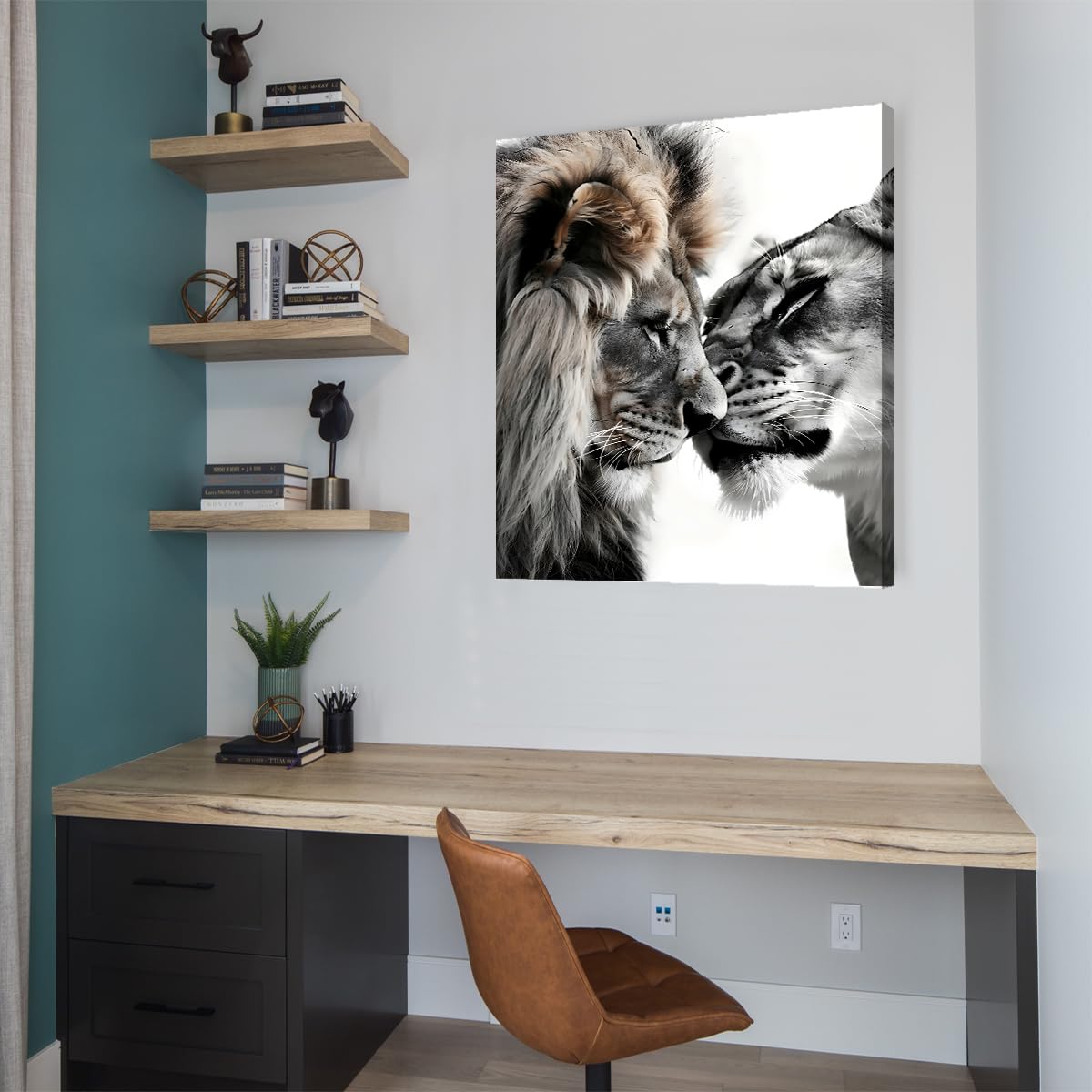 Via Vela Peinture murale de couple Lion Table affiche d’animaux style noir et blanc illustrations de faune fresques modernes pour la décoration de la maison 80x100cm