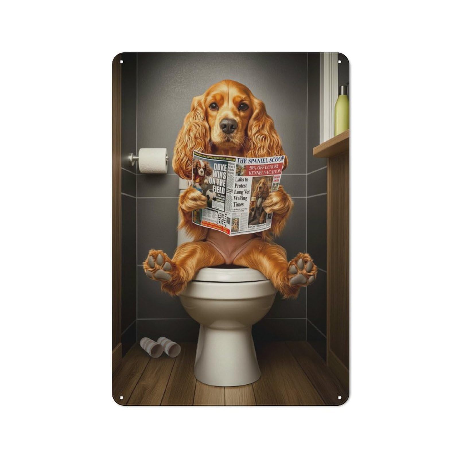 Junmoney Cocker Spaniel On Toilet For Café Or Restaurant, Vintage Metal Sign 30X20cm, For Vintage Wall Decor Fans, For Cafés, Pubs And Restaurants