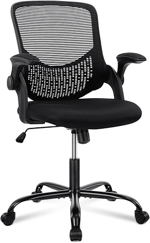Silla de oficina en casa, silla de escritorio de malla, silla ergonómica para computadora con reposabrazos abatibles, respaldo medio, soporte