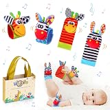Vacoulery Sonajero Muñequeras y Calcetines para Bebé, Sonajero Juguetes con Buscador de Mano y Pie Juguetes de Animales Suaves y Bonitos para Recién Nacidos Niños Bebés (2 Pulseras y 2 Calcetines)