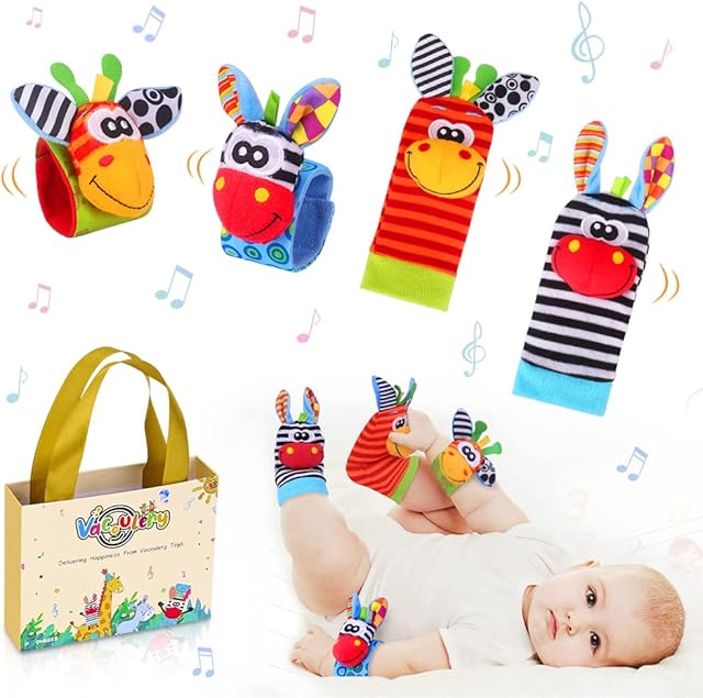Vacoulery Baby Wrist Rattles & Footfinder Set Soft Animal Baby Rattles Toys for Over 0 Month Infant Development 4Pcs (Style 1)