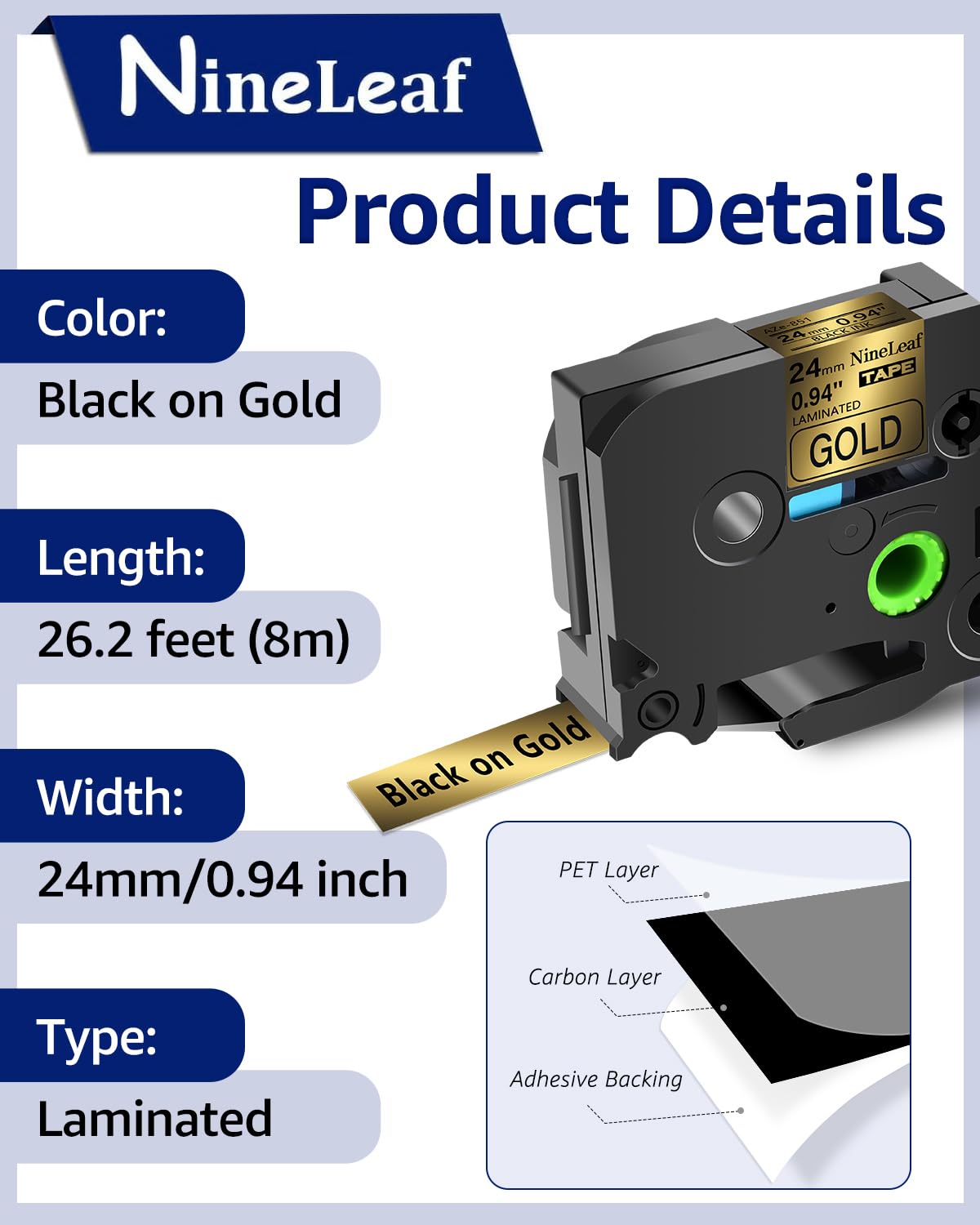 NineLeaf 8x TZe‑851 TZe TZ Etikettenband Kompatibel mit Brother P‑Touch TZe851 TZ‑851 AZe851 24 mm x 8 m Bänder Laminiertes Schwarz auf Gold Schriftband für Brother P touch PT‑P700 E550W H500LI