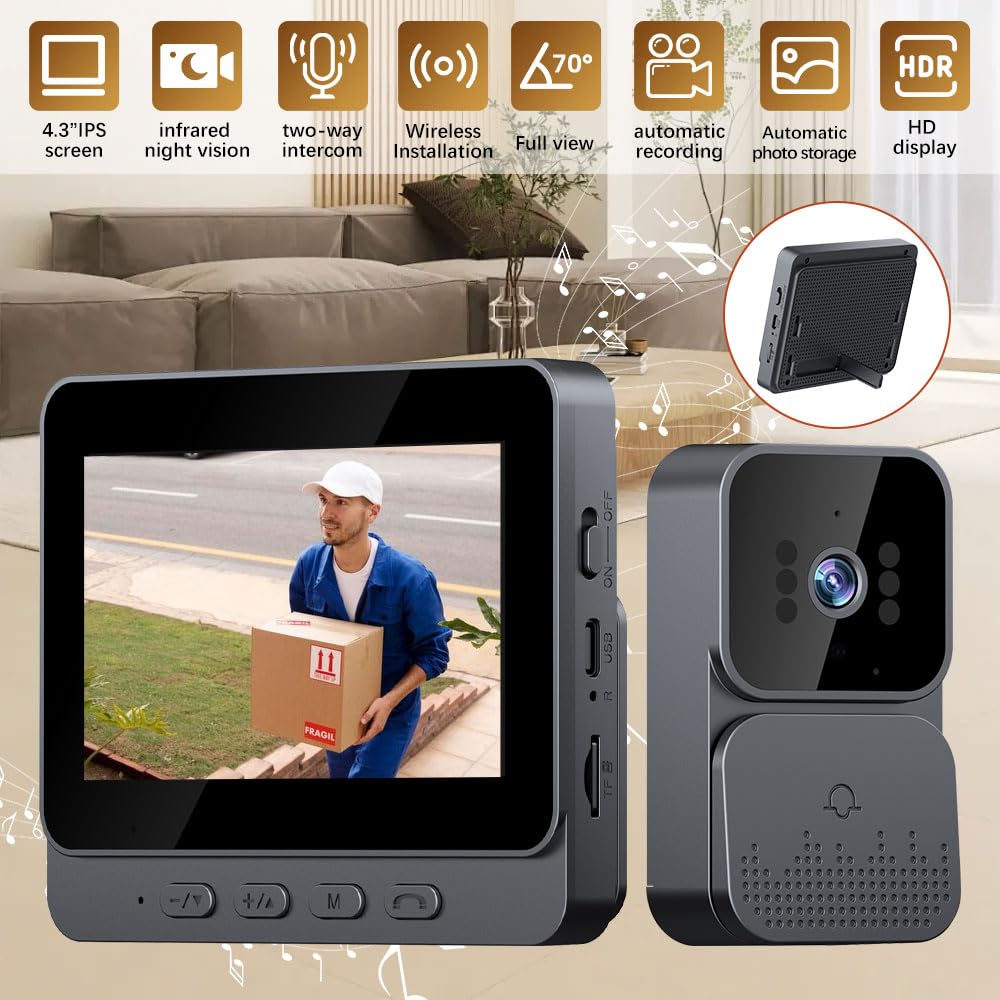 KEPEAK Video Türklingel mit Kamera – Türklingel Funk 4,3 Zoll Farbdisplay, 70° Weitwinkel, Nachtsicht, Zwei-Wege-Audio, 800mAh Akku – Kabellose Funkklingel ohne App & WLAN, einfache Montage