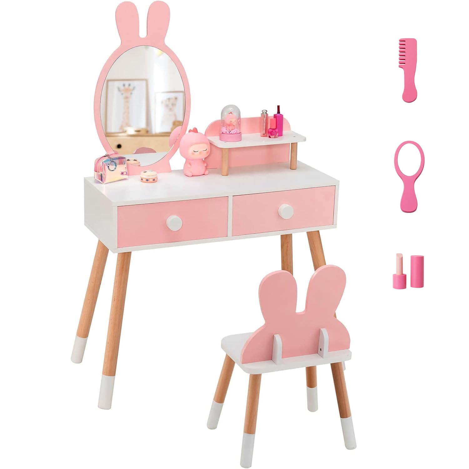 RELAX4LIFE 2 en 1 Tocador de Maquillaje para Niña con Espejo Extraíble y Taburete, Tocador Niña con 2 Cajones y 3 Accesorios, Maquillaje Niñas, Tocador Infantil de Madera para Niños 3-7 Años (Rosa)
