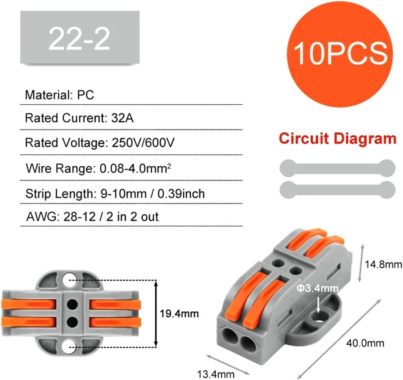 Wire Cable Connectors with Fix Hole Universal Compact Wiring Terminal Block for Home Docking Electrical(22G-2 10PCS)