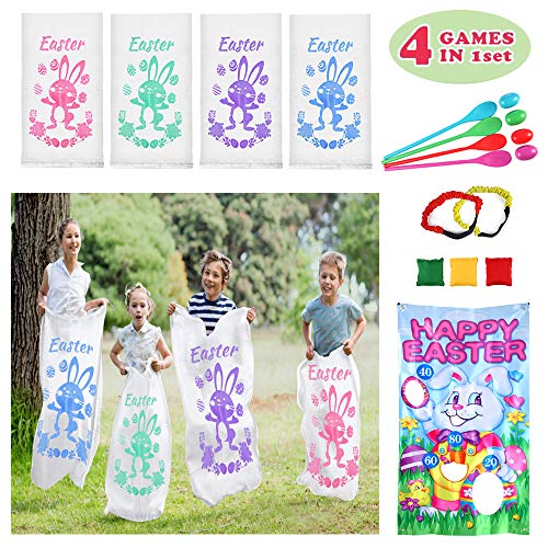 ThinkMax 4 en 1 Juegos de pascua Set - Carrera de sacos de patatas, Juego de lanzamiento de bolsas de frijoles, Carrera de relevos de 3 patas, Carrera de huevo y cuchara