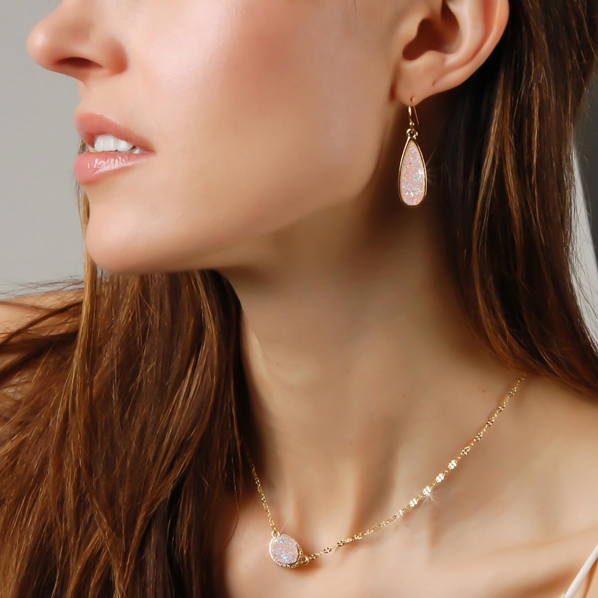 Teardrop Dangle Earrings for Women with Simulated Druzy Stones, in Gold, Rose Gold, or Silver Tone - Image 5