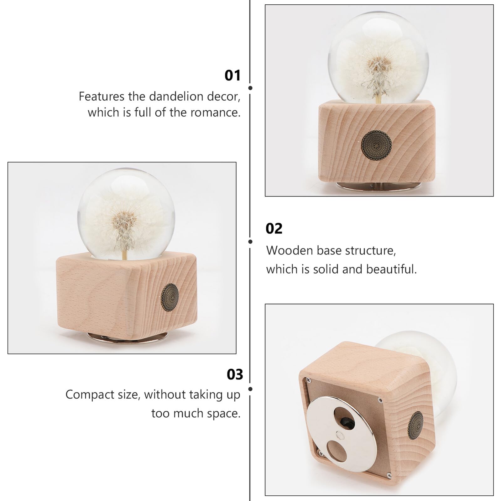 TOYANDONA Caja de Música de Diente de León Bola de Cristal Pequeña Base de Madera Decorativa Adorno Floral Preservado Caja Musical Compacta para Obsequio de Cumpleaños Embalaje Elegante