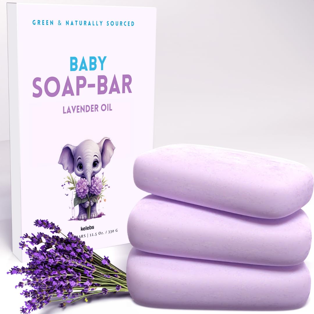KELEBS Hypoallergenic Baby Soap Bar - Organic Lavender Oil & Oatmeal - Relaxing body wash For Sensitive Skin - 3 PCS
