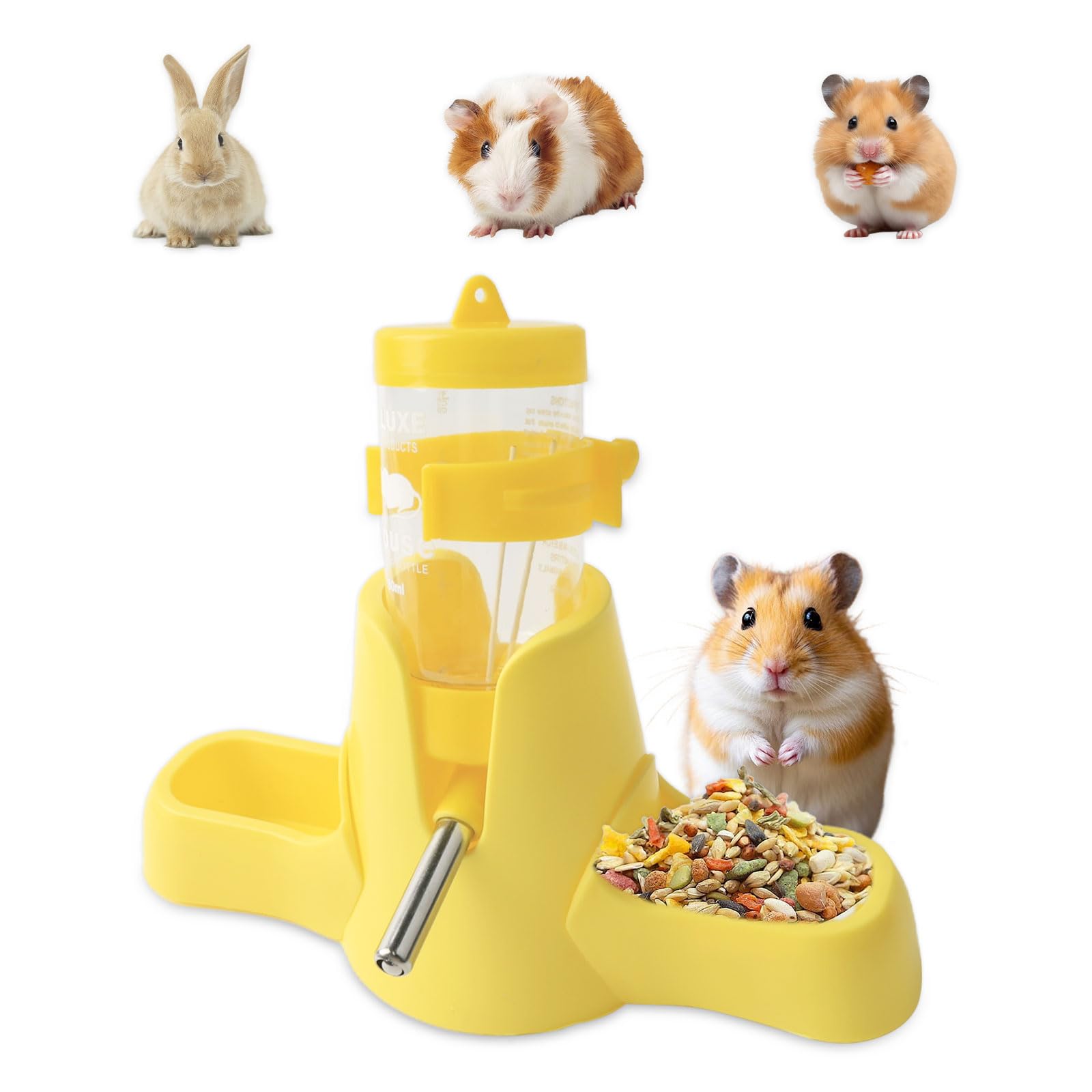Botella De Agua para Hámsters 80 ml Amarillo, Dispensador Automático 3 en 1 con Doble Cuenco y Soporte, Sin Fugas para Hámsters, Conejos, Cobayas y Chinchillas