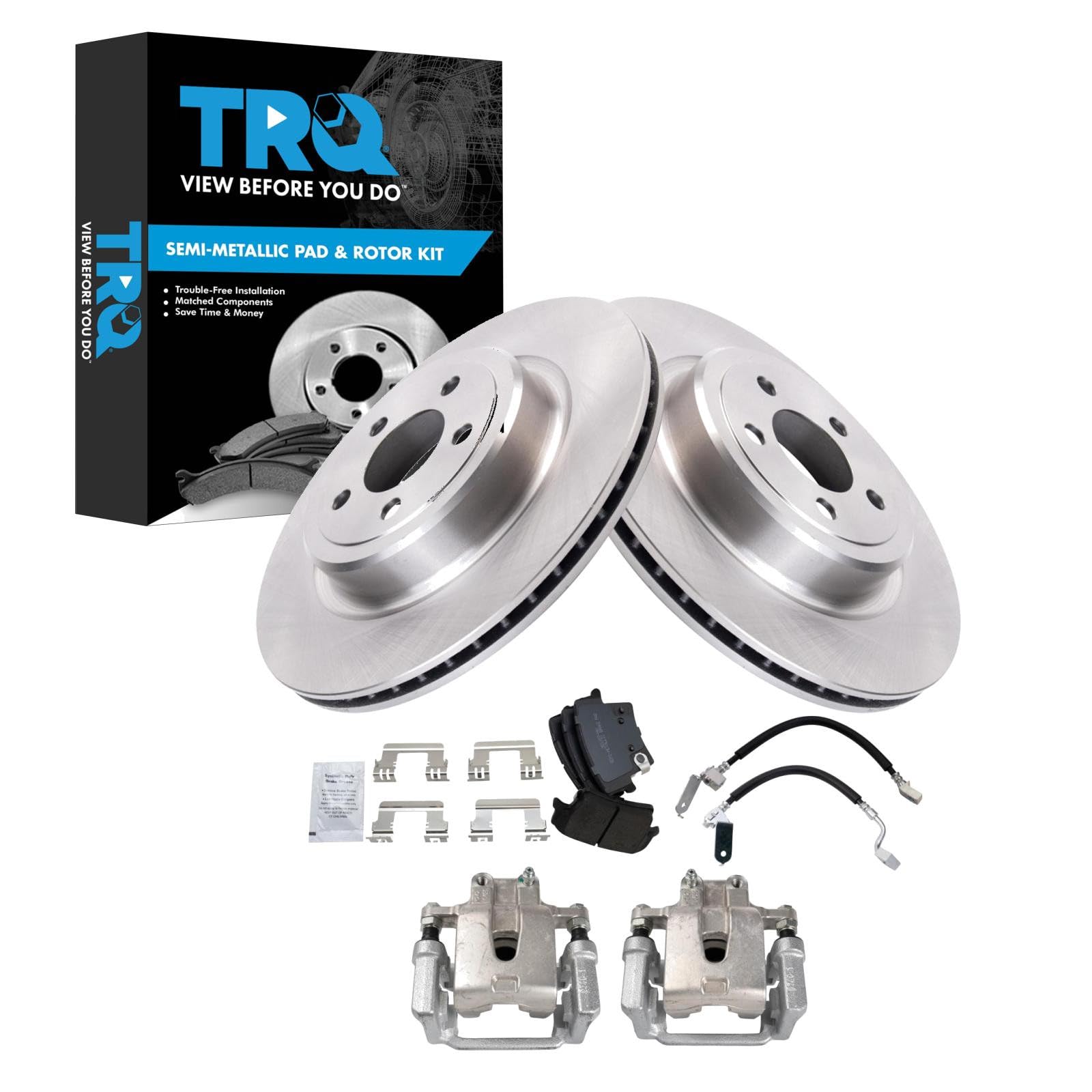 TRQ Rear Brake Pad and Rotor Set Semi Metallic Rotors Calipers Compatible with 2006 2009 2011 Dodge Charger