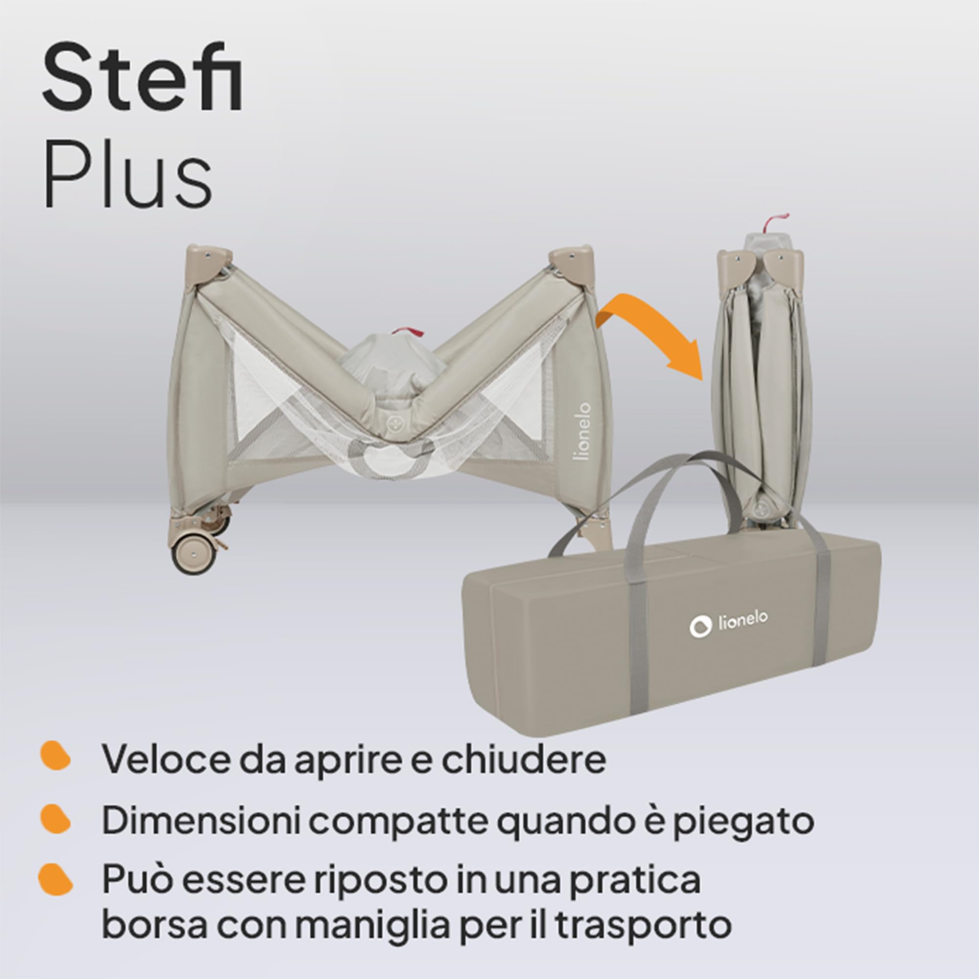 LIONELO STEFI PLUS Lettino da Viaggio Pieghevole 129x71x77cm per Bambini 0-3 Anni con Materasso 2 Livelli