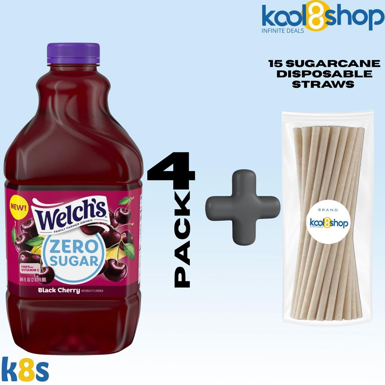 Welch's Black Cherry Zero Sugar Fruit Juice Drink 64 fl oz Plastic Bottles 4 Pack + 15 Sugarcane Disposable Straws by KOOL8SHOP Infinite Deals