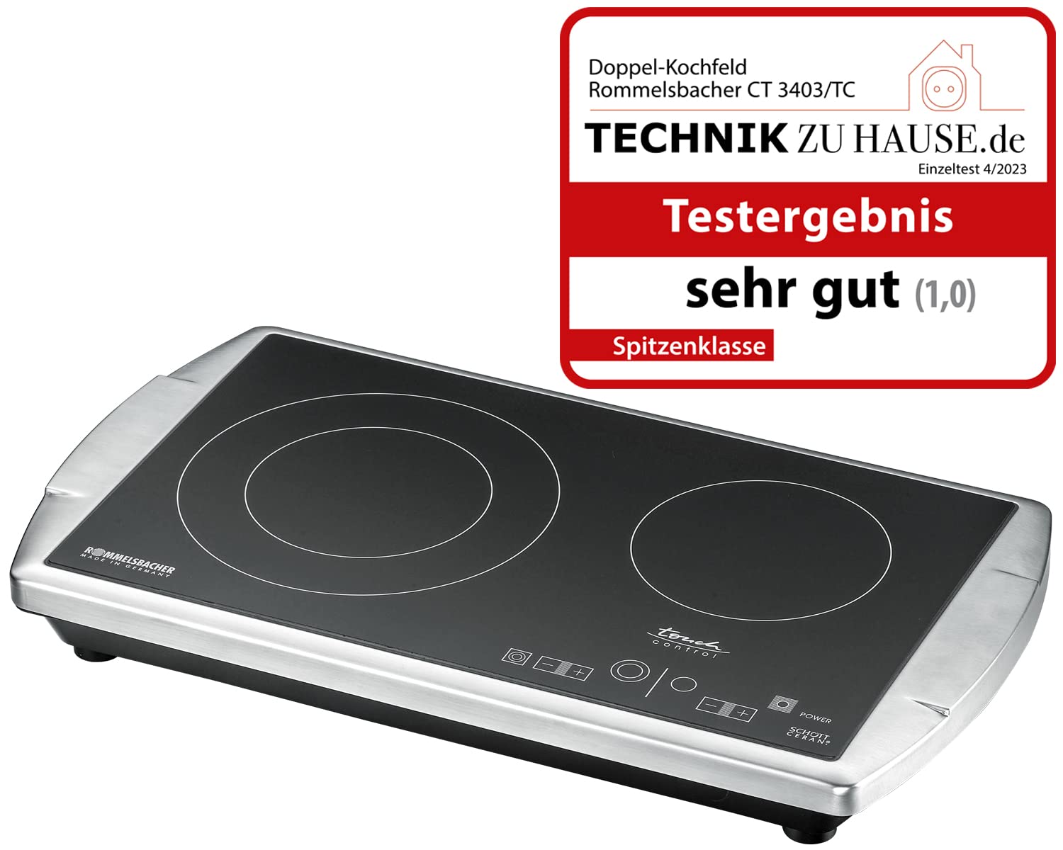 Rommelsbacher CT 3403/TC Blat Ceramiczny Czarny, Stal nierdzewna Płyta kuchenna (stół, Ceramika, Szkło ceramiczne, Czarny, Stal nierdzewna, 1200 W, 2200 W)