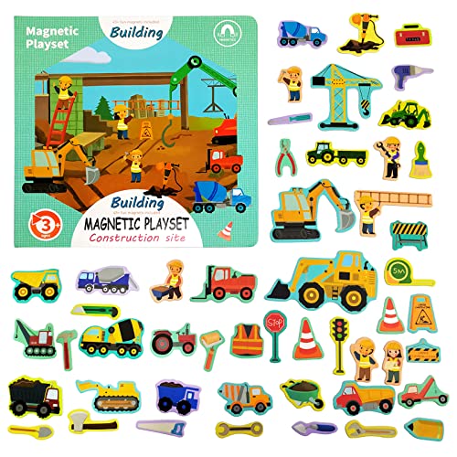 Construction Site Fridge Magnets for Toddlers, 50 PCS Refrigerator Magnets for Kids, Create a Scene Magnetic Play Sticker Book Travel Game Educational...