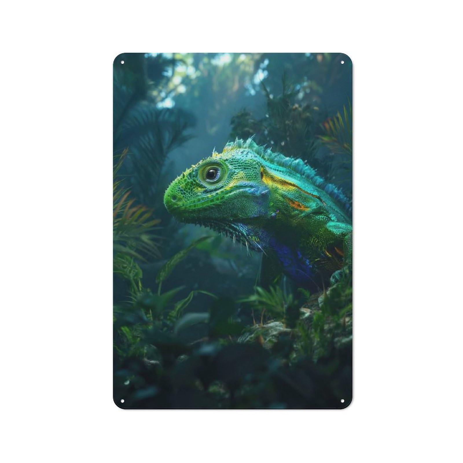 Vintage Tin Sign 30x20cm with Vibrant Green Iguana in Lush Jungle for Kitchen Or Home Bar, Suited to Home Bar Enthusiasts